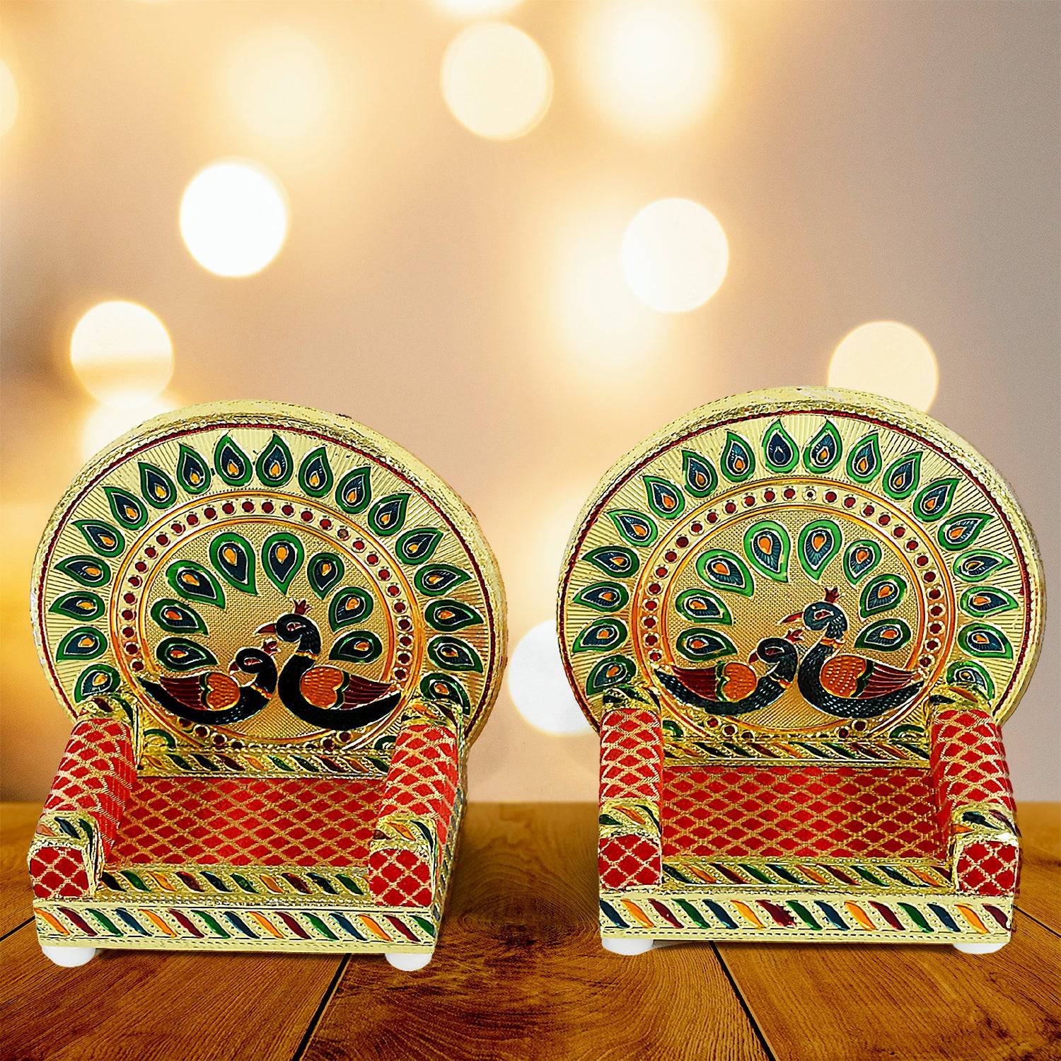 Meenakari Work Laddu Gopal Singhasan for Pooja Mandir Wooden Krishna Ladoo Bal Gopal Sofa Asan, Home Decorative Premium Look Decorative Singhasan Suitable For Home, Office, Restaurant (2 Pc Set) - jugaad.shop