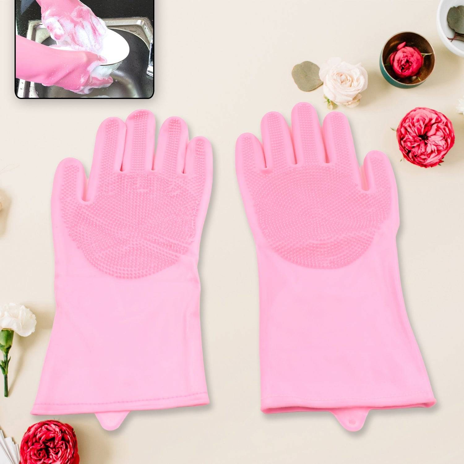 Dishwashing Gloves with Scrubber| Silicone Cleaning Reusable Scrub Gloves for Wash Dish Kitchen| Bathroom| Pet Grooming Wet and Dry Glove (1 Pair, 155Gm) - jugaad.shop