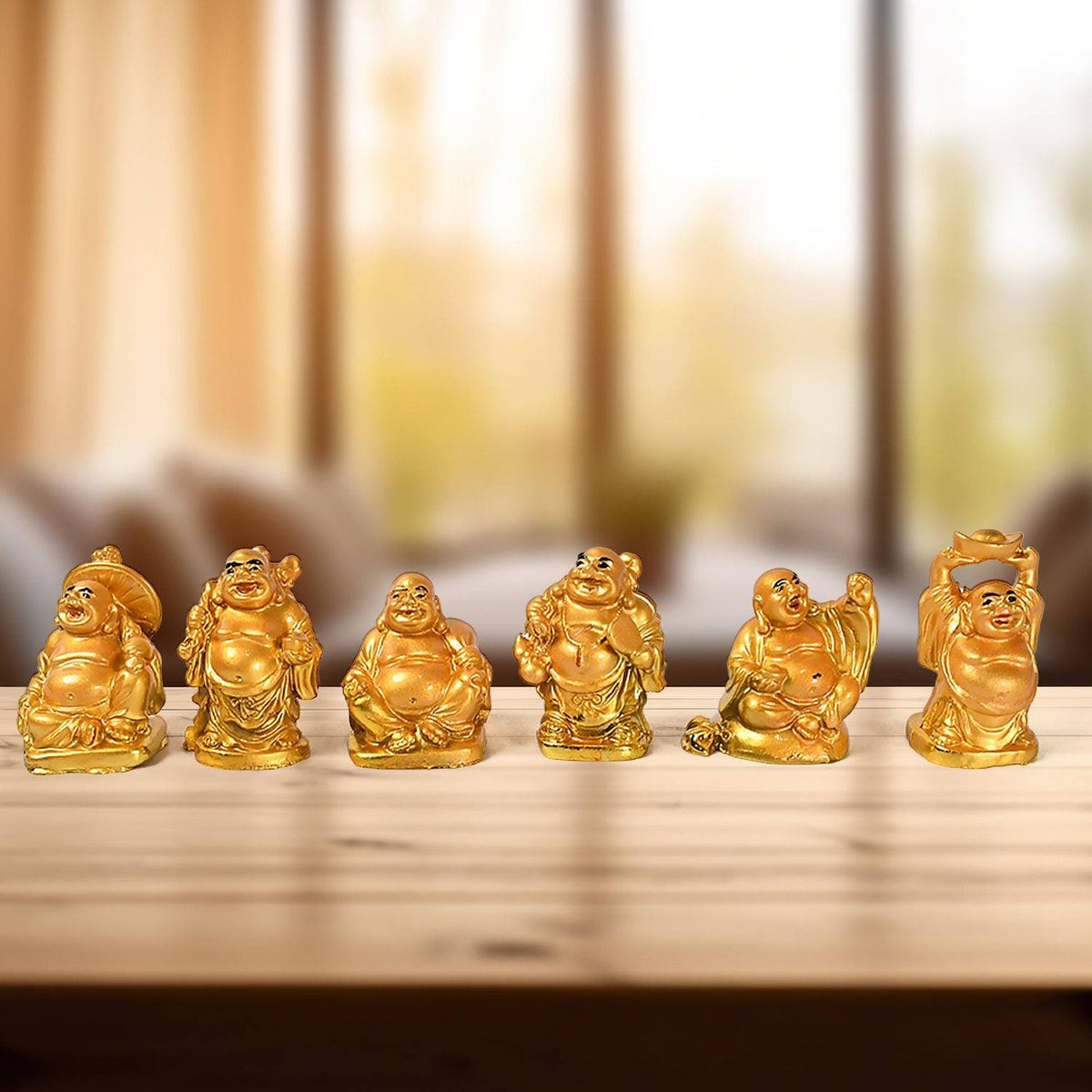 Golden Laughing Buddha Set Of Six Pieces Statue For Happiness, Wealth & Good luck Decor For Wealth and Success (6 Pcs Set) - jugaad.shop