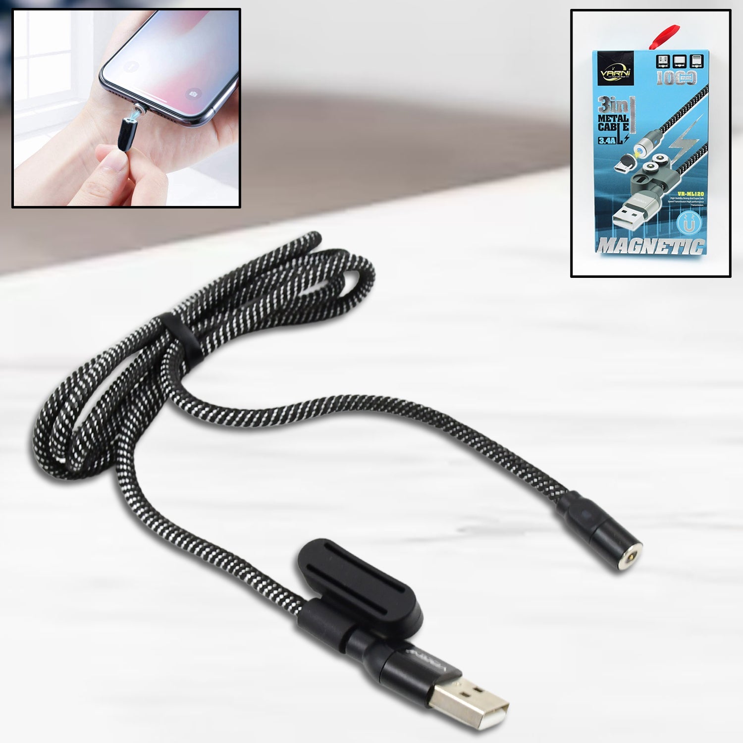 3 in 1 Magnetic USB Charging Cable | USB-c Android and Lightning with Extra Protecting Nylon| Strong Magnetic Cable with Full Rotation Support Fast Charging - jugaad.shop