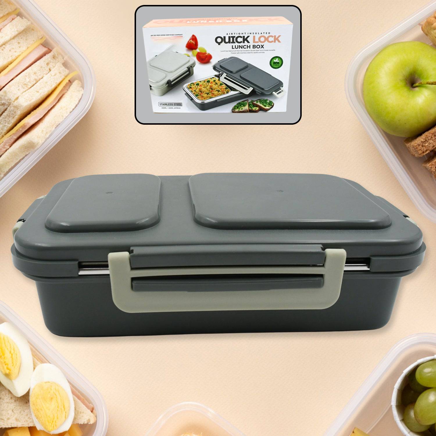 Miracle Quick Lock Leak Proof 2 Compartment Stainless Steel LUNCH BOX Inner Plate Reusable Microwave Freezer Safe Lunch Box Trendy Thermal Insulation Leak Proof for Office Vacuum Tiffin Box for Boys / Girls / School / Office Women and Men  - jugaad.shop