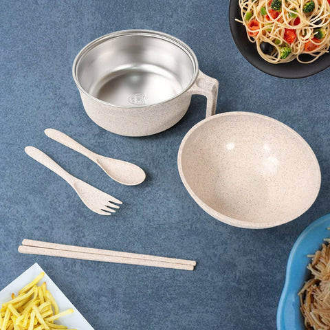 Rice Bowl Noodle 1 Bowl with 1 Lid and Handle Wheat Straw Noodle Bowls with Wheat Straw 1 Fork, 2 Chopsticks, 1 Spoon for Soup Salad Cooker Snack Set (6 Pcs Set) - jugaad.shop