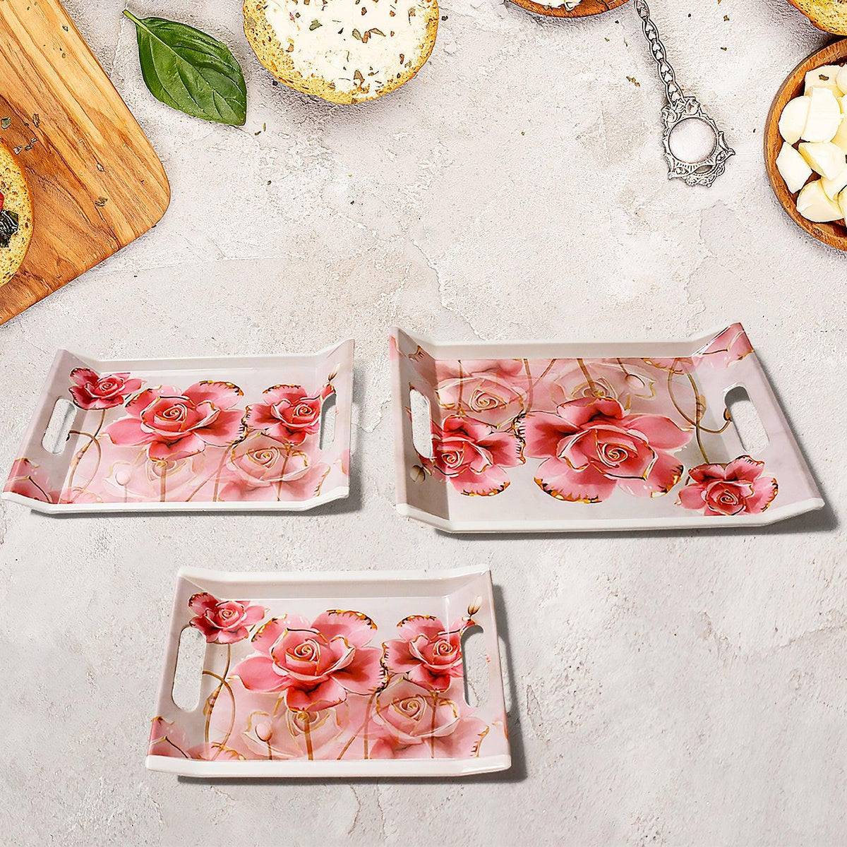 Plastic Rectangular Shape Flower Printed Design Serving Tray 3 pcs Home and Kitchen Use (3 pcs set) - jugaad.shop