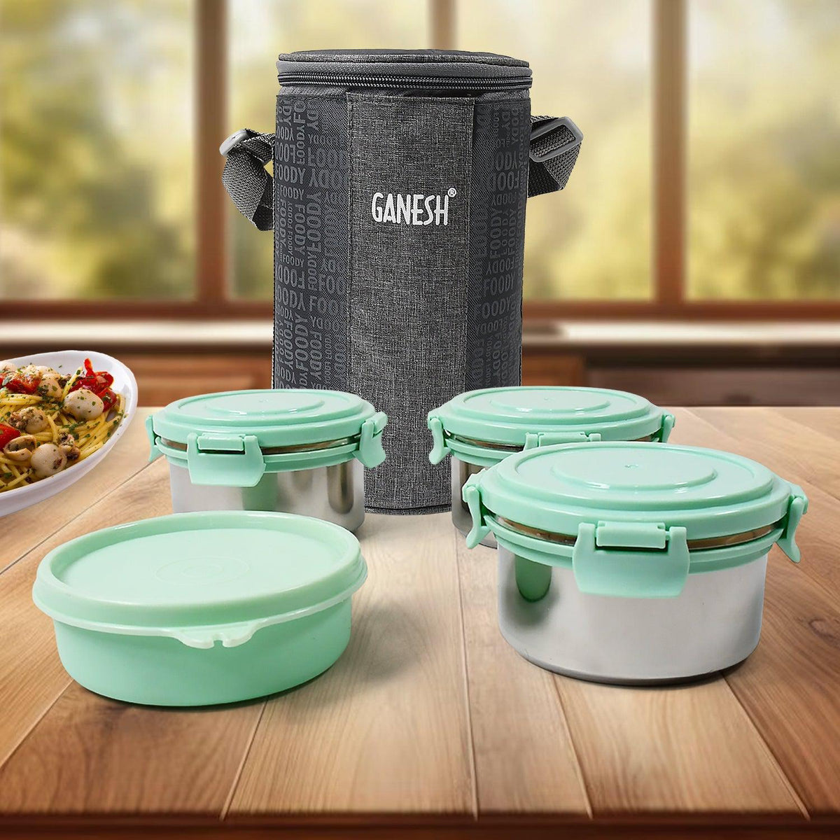 Ganesh 4In1 Tiffin Box-Lunch Box | 3 Stainless Steel Containers 300 Ml Approx & Plastic Salad Container 200 Ml Approx| Plastic lid Box | Round Zip Bag | Leak Proof | Microwave Safe for Office, College and School for Men, Women  - jugaad.shop