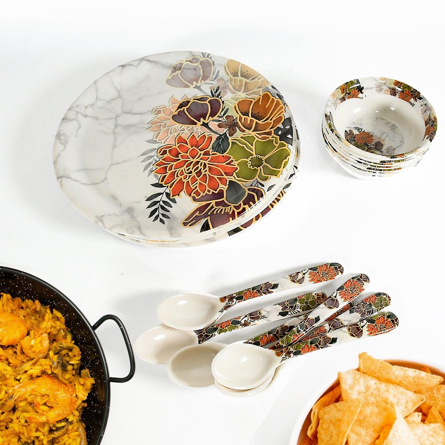 Dream High Quality plastic Dinning Dinner set with Unique Flower Design Printed, 6 pc Plates, 6 pc Bowls and 6 pc Serving Spoon, Lightweight Round Plates and Bowls, Microwave, and Dishwasher Safe (18 Pcs set) - jugaad.shop