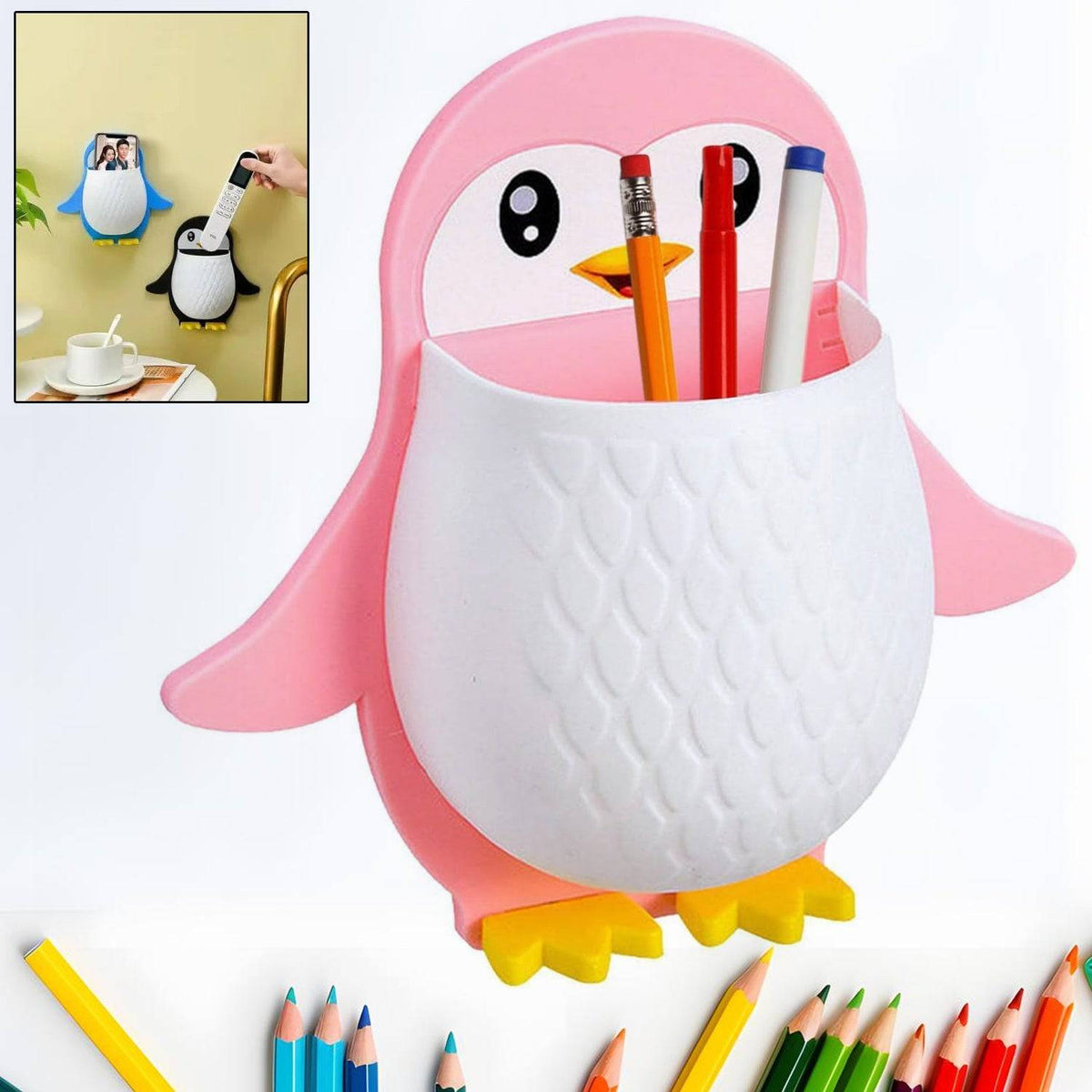 Penguin Storage Box, Adhesive Remote Case, Electric Toothbrushes Holder, Universal Controller Holder, Wall Nightstand, Office Plastic Wall Mount - jugaad.shop