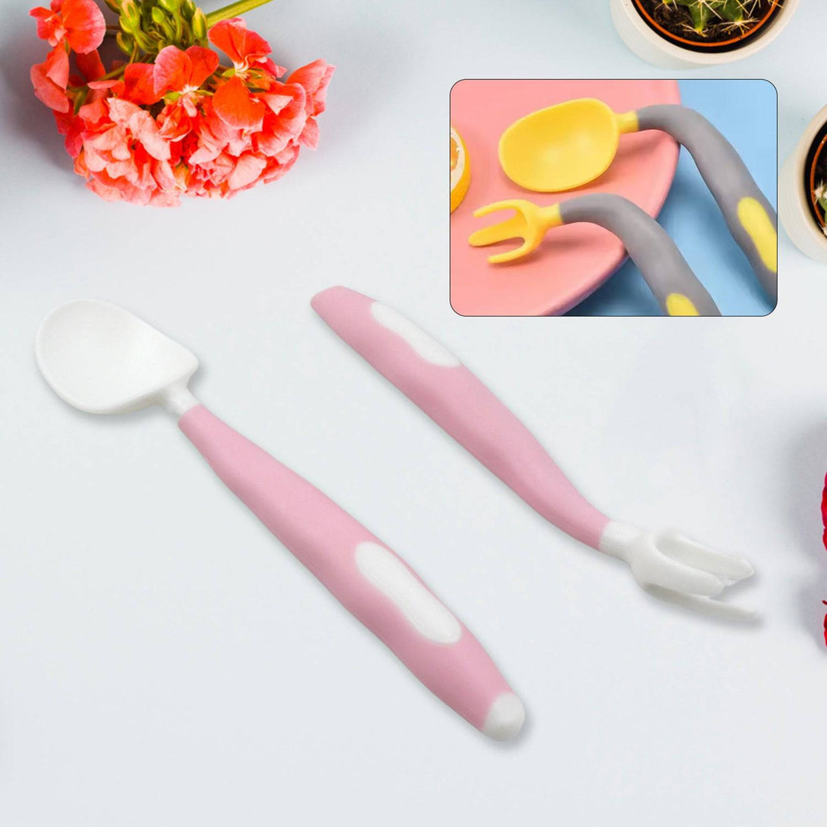 Silicone Bendable Kids Feeding Spoons And Forks, Toddler Utensils with Travel case, Baby Spoon and Fork Set for self-Feeding Learning Bendable Handle for Kid Children Toddlers (2 Pc Set) - jugaad.shop