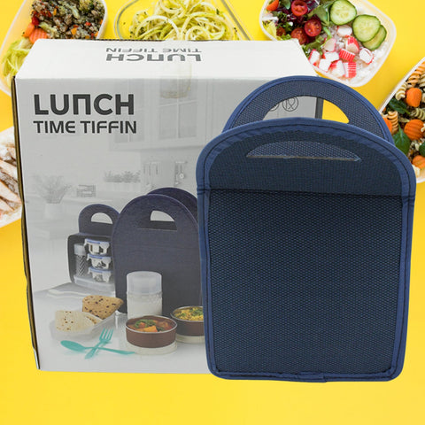 6In1 Tiffin Box-Lunch Box | 3 Stainless Steel Containers | Plastic lid Box | Spoon & Fork /Plastic Bottle | Insulated Fabric Bag | Leak Proof | Microwave Safe  for Office, College and School for Men, Women (6 pcs) - jugaad.shop