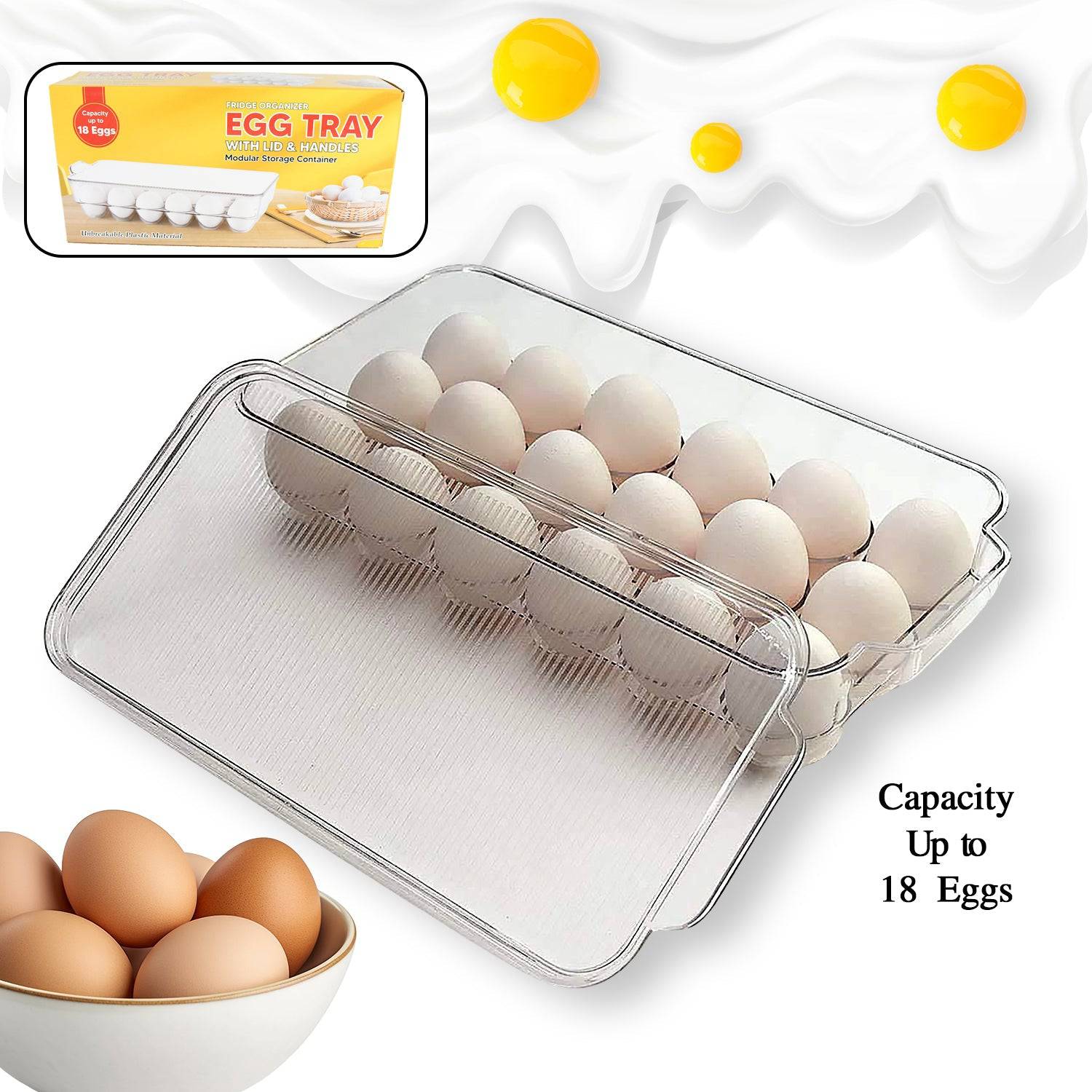 Plastic 18 Cavity Egg Storage Box Or Egg Trays For Refrigerator With Lid & Handles High Quality, Rectangular Egg Tray Box For 18 Egg (1 Pc) - jugaad.shop