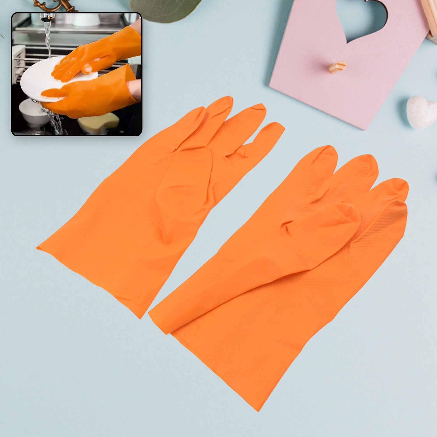 Multipurpose Rubber Reusable Cleaning Gloves, Reusable Rubber Hand Gloves I Latex Safety Gloves I for Washing I Cleaning Kitchen I Gardening I Sanitation I Wet and Dry Use Orange Gloves (1 Pair 40 Gm) - jugaad.shop