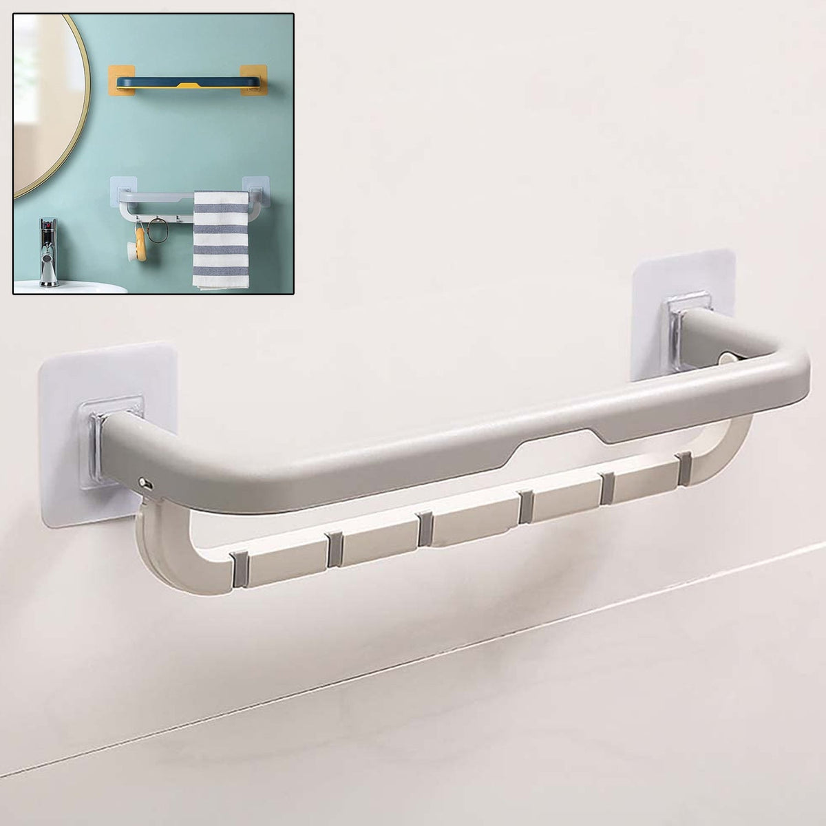 Wall Mounted Double Bar Towel Holder with Hooks | Multifunctional Adjustable Towels Rack for Kitchen / Bathroom | Folding Towel Shelf - jugaad.shop