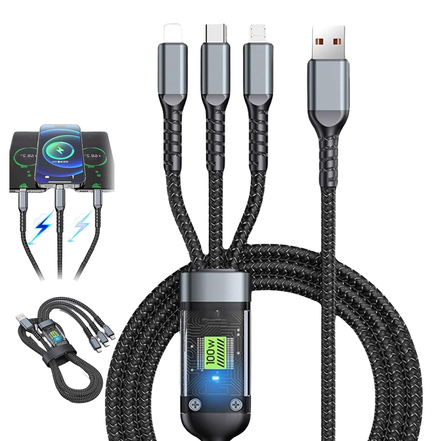 3-in-1 Super Fast Charging Cable 100w, Multifunctional Convenient Super Fast Charging Cable Nylon Braided Cord, 3-in-1 Silicone Zinc Alloy 3 Head Charging Cable - jugaad.shop