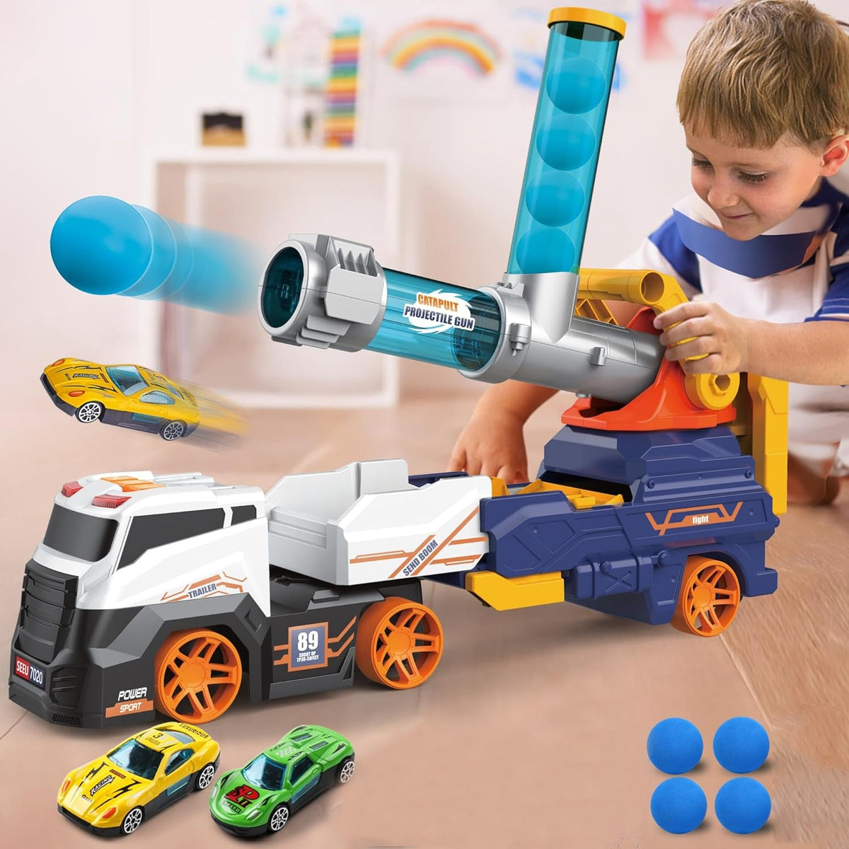 Truck Toys for Kids, Large Truck Toys Include 2 Racing Cars+4 Ball, with Light & Sounds, Eejection & Shooting Transport Cars Toy, Gifts for Boys Girls (Battery Not Included) - jugaad.shop