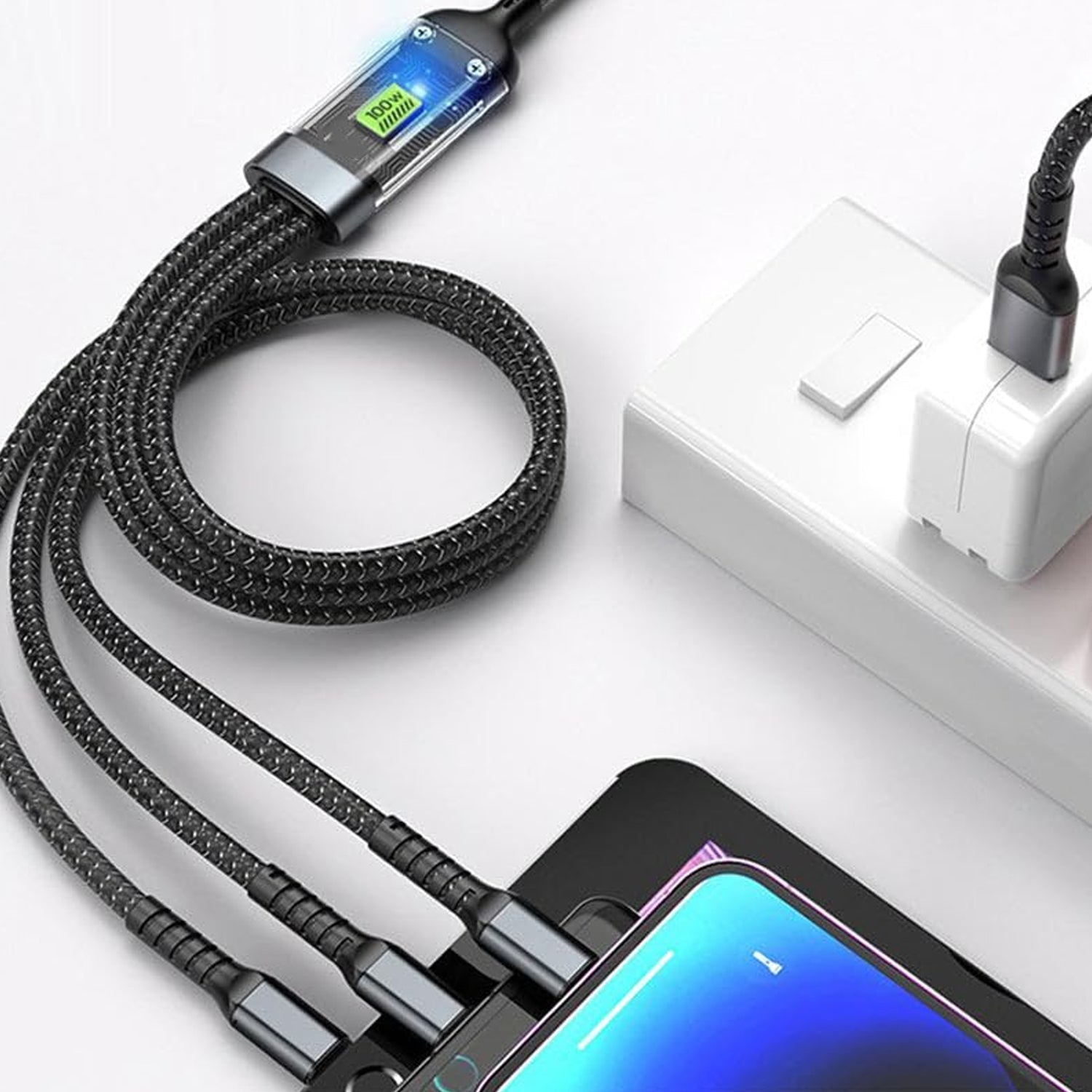 3-in-1 Super Fast Charging Cable 100w, Multifunctional Convenient Super Fast Charging Cable Nylon Braided Cord, 3-in-1 Silicone Zinc Alloy 3 Head Charging Cable - jugaad.shop