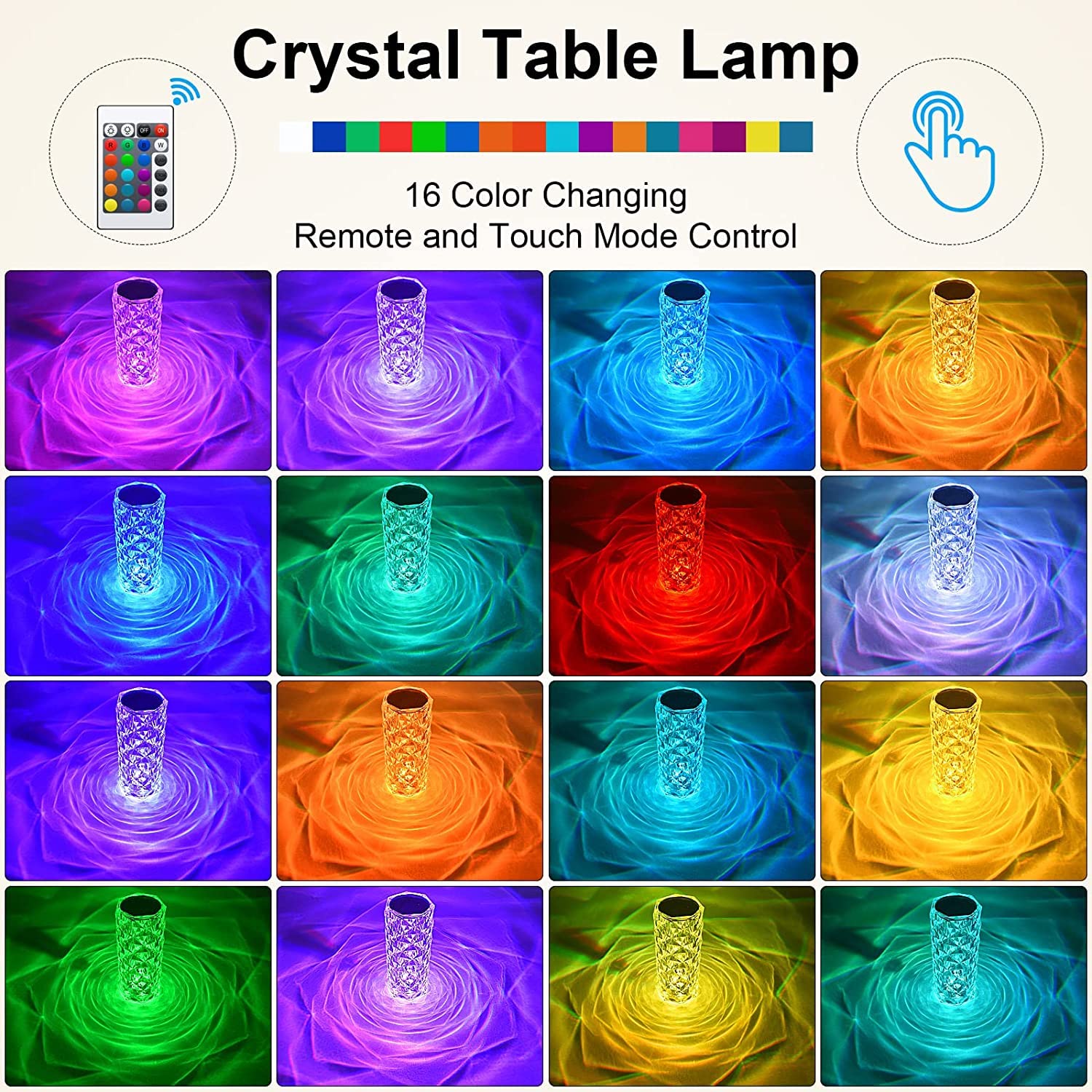 Crystal Touch Night Light (16 Colors) - Rose Diamond Table Lamp with Remote Control, USB Table Lamp, Romantic Date Lighting Decor for Festival, Bedroom, Dining Room-jugaad.shop