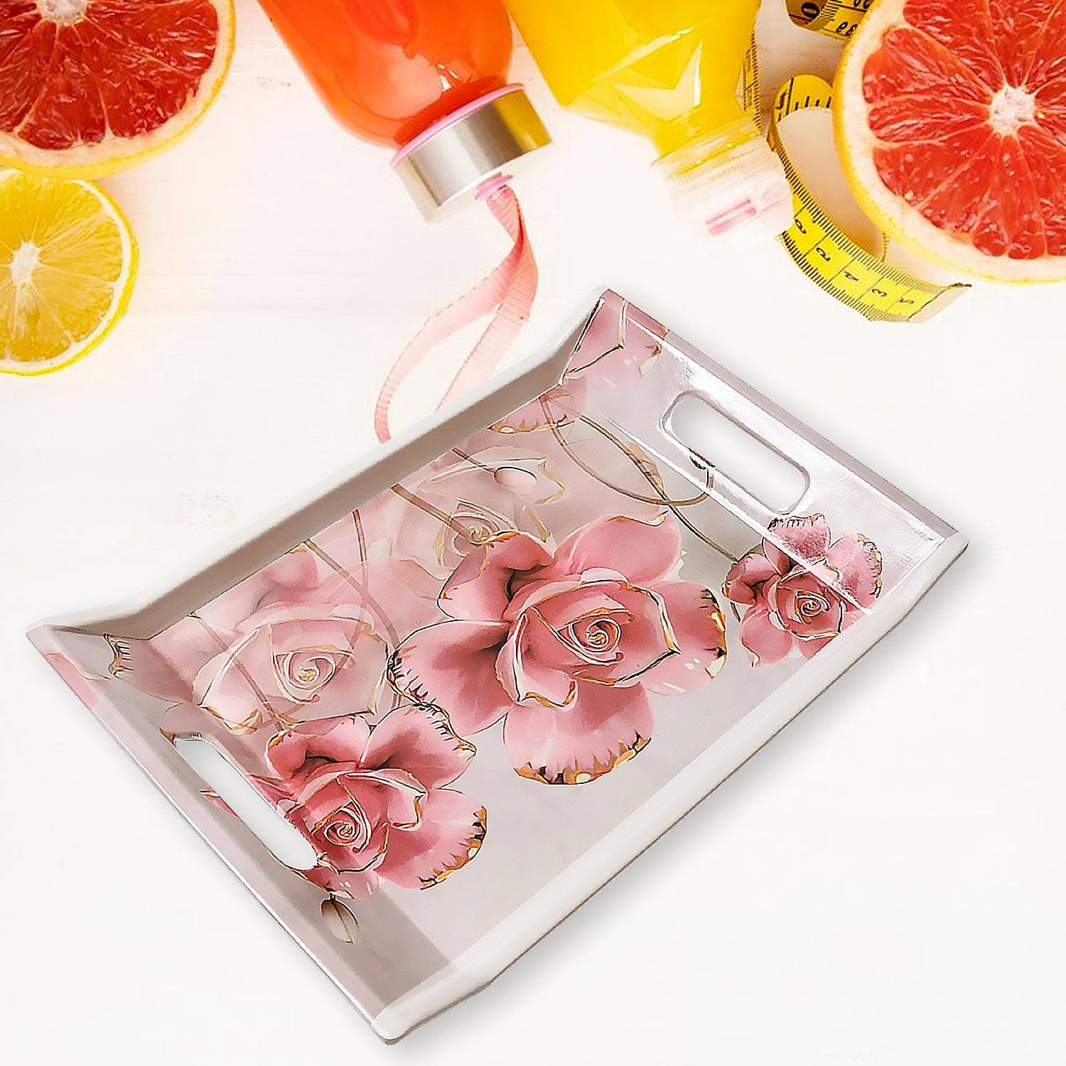 Plastic Rectangular Shape Flower Printed Design Serving Tray 3 pcs Home and Kitchen Use (3 pcs set) - jugaad.shop