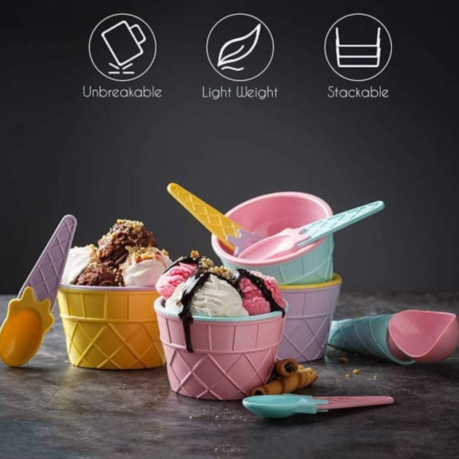 Ice-Cream Waffle Spoon Bowel Cup Set | Premium ice Cream Set | Ice-Cream Bowel with Spoon | 6 units Couple Bowl Set | Color Box - jugaad.shop