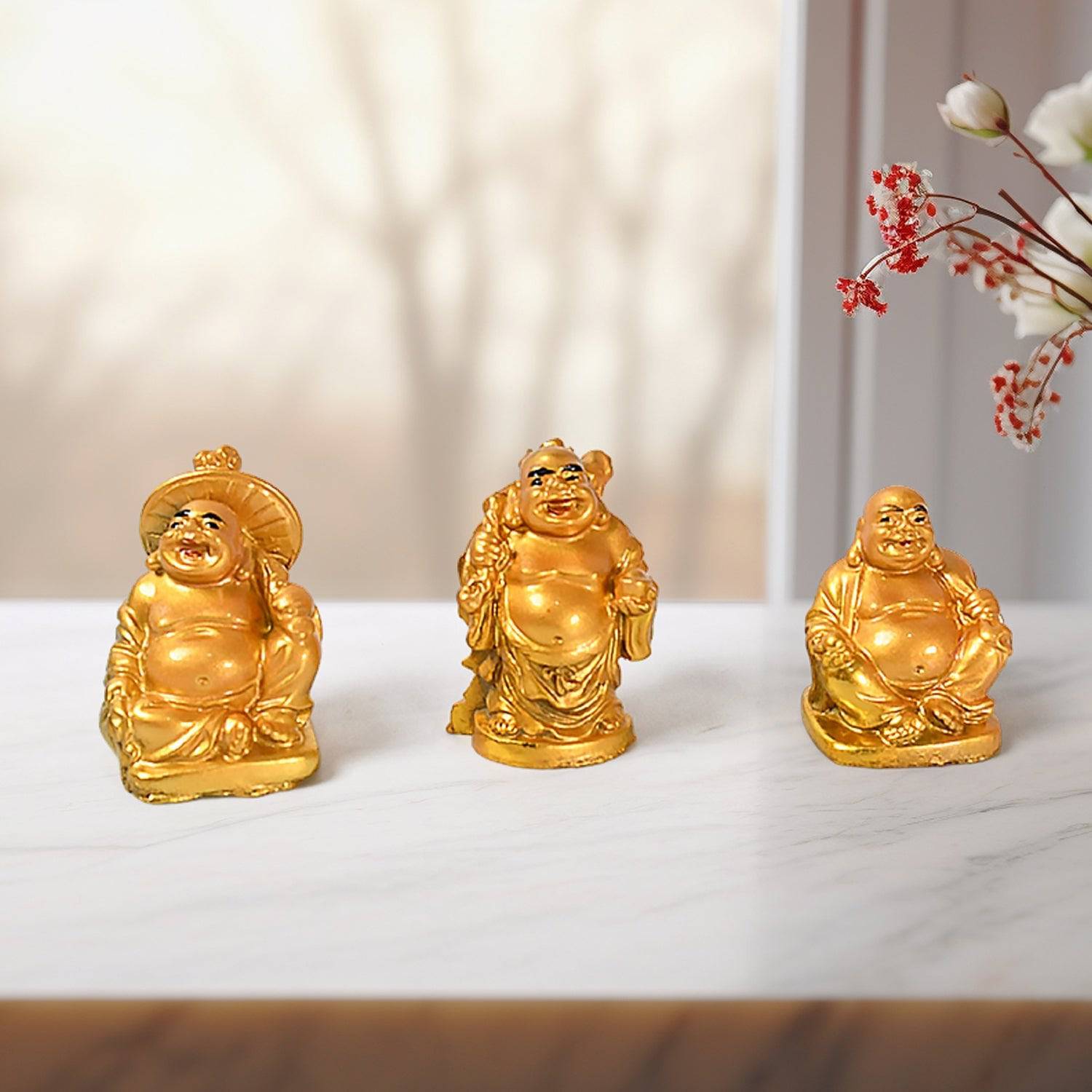 Golden Laughing Buddha Set Of Six Pieces Statue For Happiness, Wealth & Good luck Decor For Wealth and Success (6 Pcs Set) - jugaad.shop