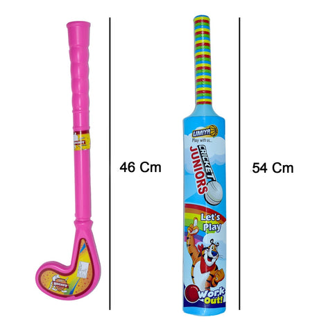 Plastic bat, ball, and hockey combo for kids with colorful design