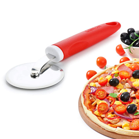 Ganesh pizza cutter, stainless steel wheel, shown in use.