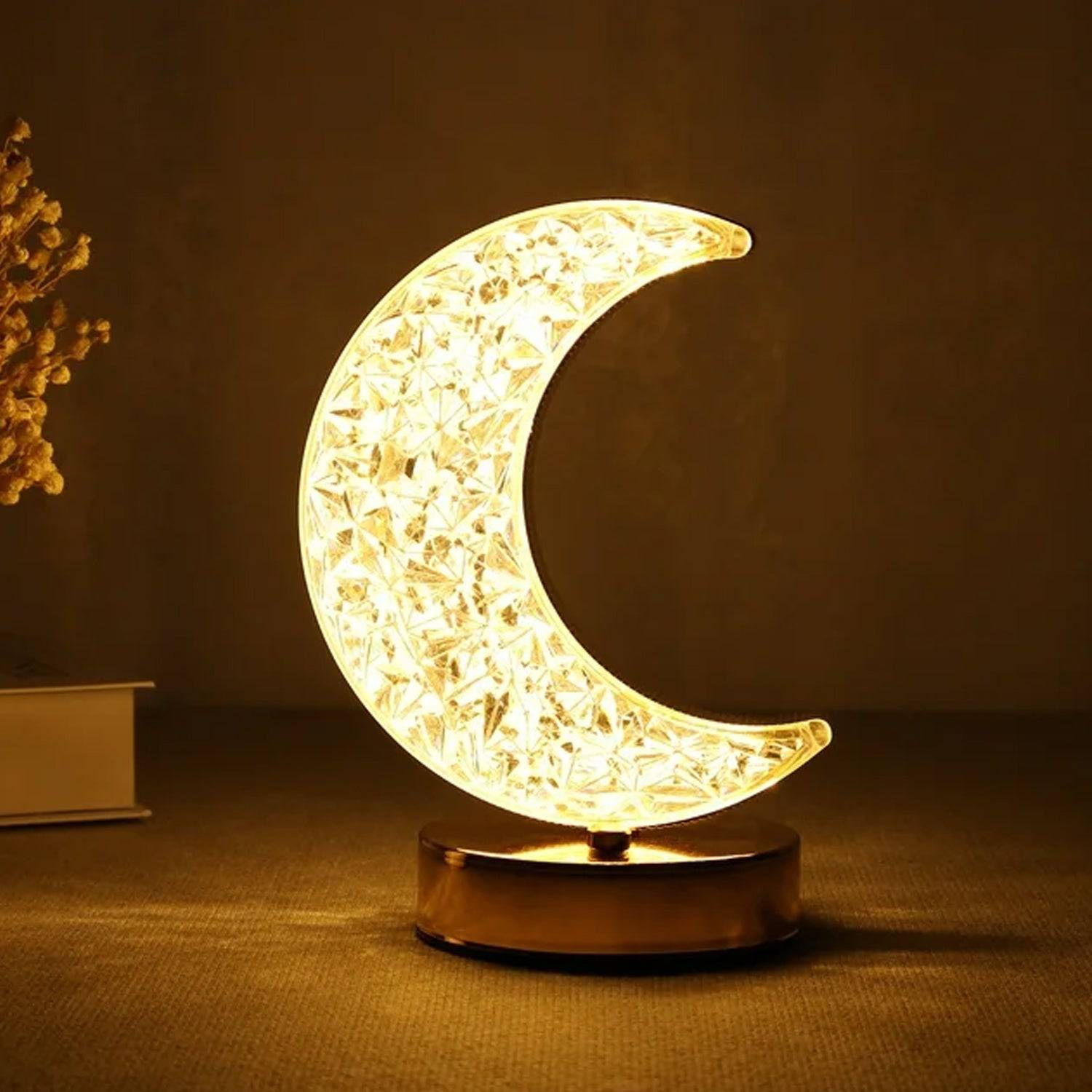 Crystal Table Lamp | Moon Shape Touch Control Lamp with 3 Color | Metal Bedside Lamp for Kids Bedroom Romantic Desktop Nightstand | Stepless Dimming USB Charging Touch Night Light - jugaad.shop