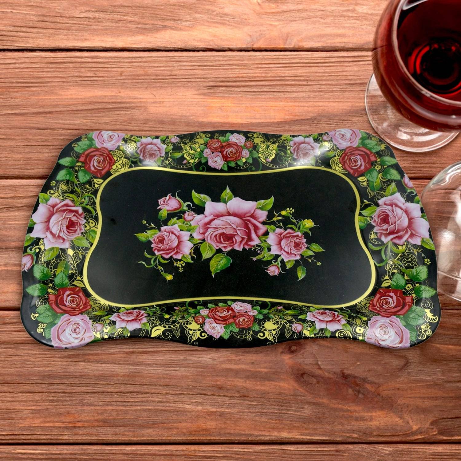 Stainless Steel Serving Tray With Flower Printed Rectangle Premium Dining Table Plate (18 x 8.5 Inch / 1 Pc) - jugaad.shop