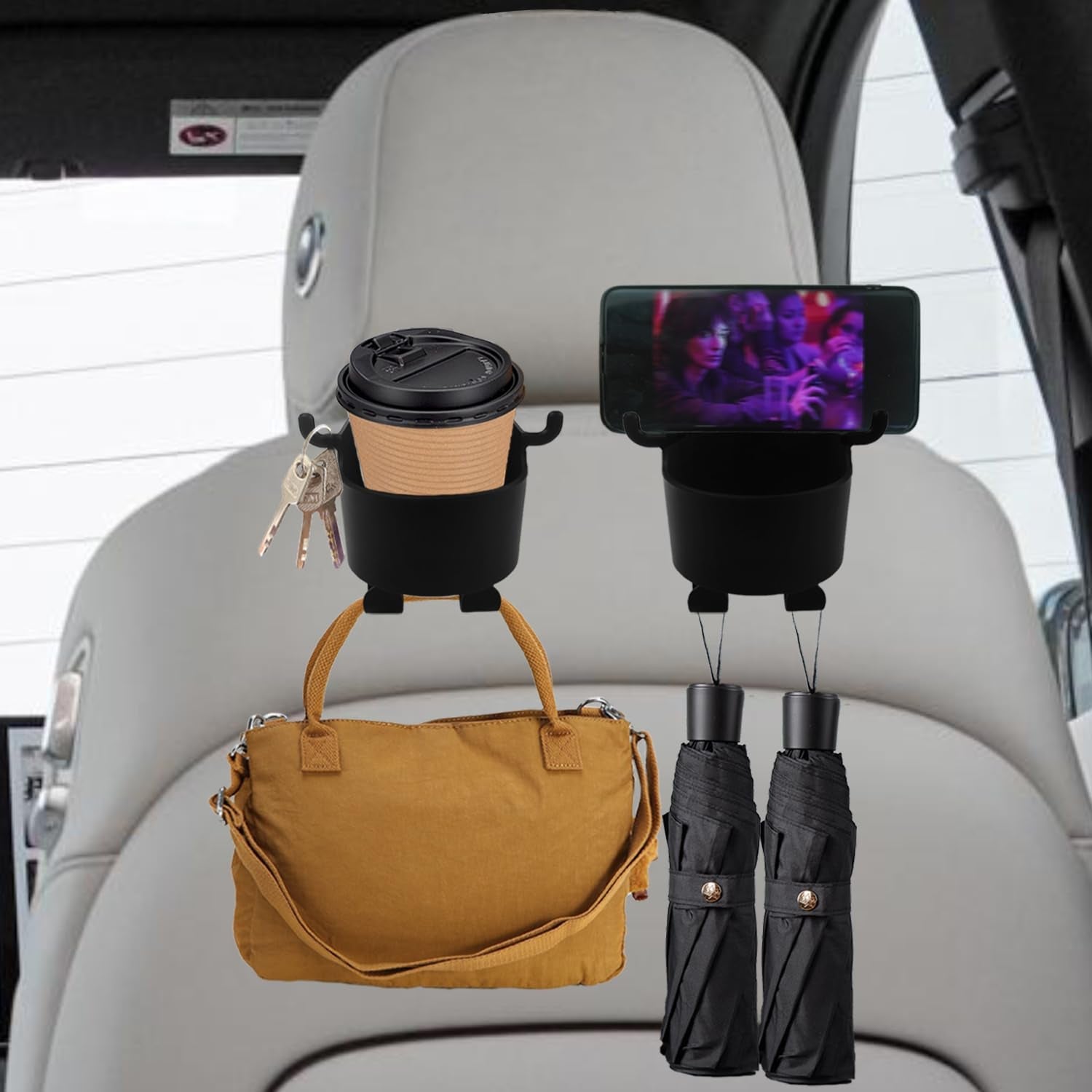 Car Headrest Backseat Organizer, 3 in 1 Automotive Cell Phone Drink cupholder Adapter with Headrest Hooks for Kids and Adults, Multifunctional Storage for Car Travel Accessories - jugaad.shop