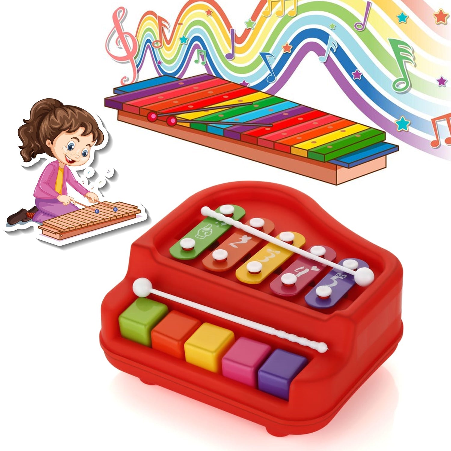 2 in 1 Baby Piano Xylophone Toy for Toddlers, 5 Multicolored Key Keyboard Xylophone Piano, Preschool Educational Musical Learning Instruments Toy for Baby Kids Girls Boys 3+ Years (1 Pc) - jugaad.shop