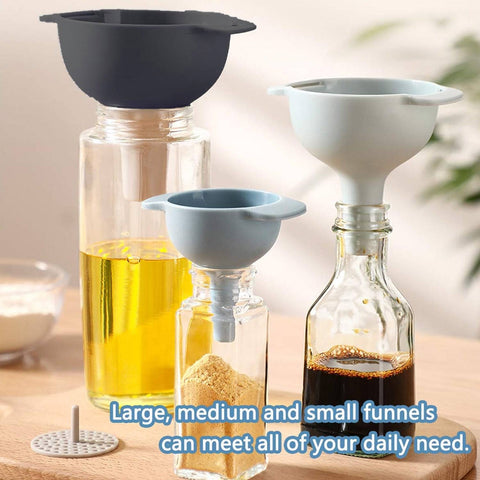 3 in 1 Kitchen Funnel Set of 3, Funnel for Filling Bottle, Small Canning Funnel with Handle, Food Grade Plastic Funnel with Detachable Strainer Filter for Liquid, Dry Ingredients, and Powder - jugaad.shop