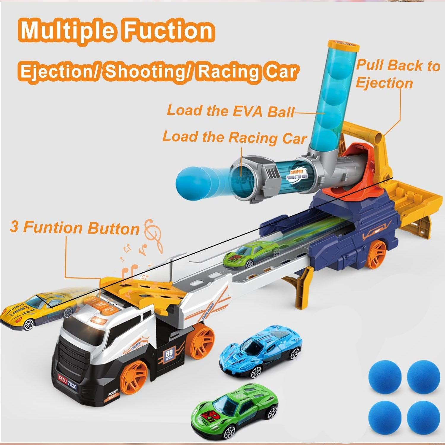 Truck Toys for Kids, Large Truck Toys Include 2 Racing Cars+4 Ball, with Light & Sounds, Eejection & Shooting Transport Cars Toy, Gifts for Boys Girls (Battery Not Included) - jugaad.shop