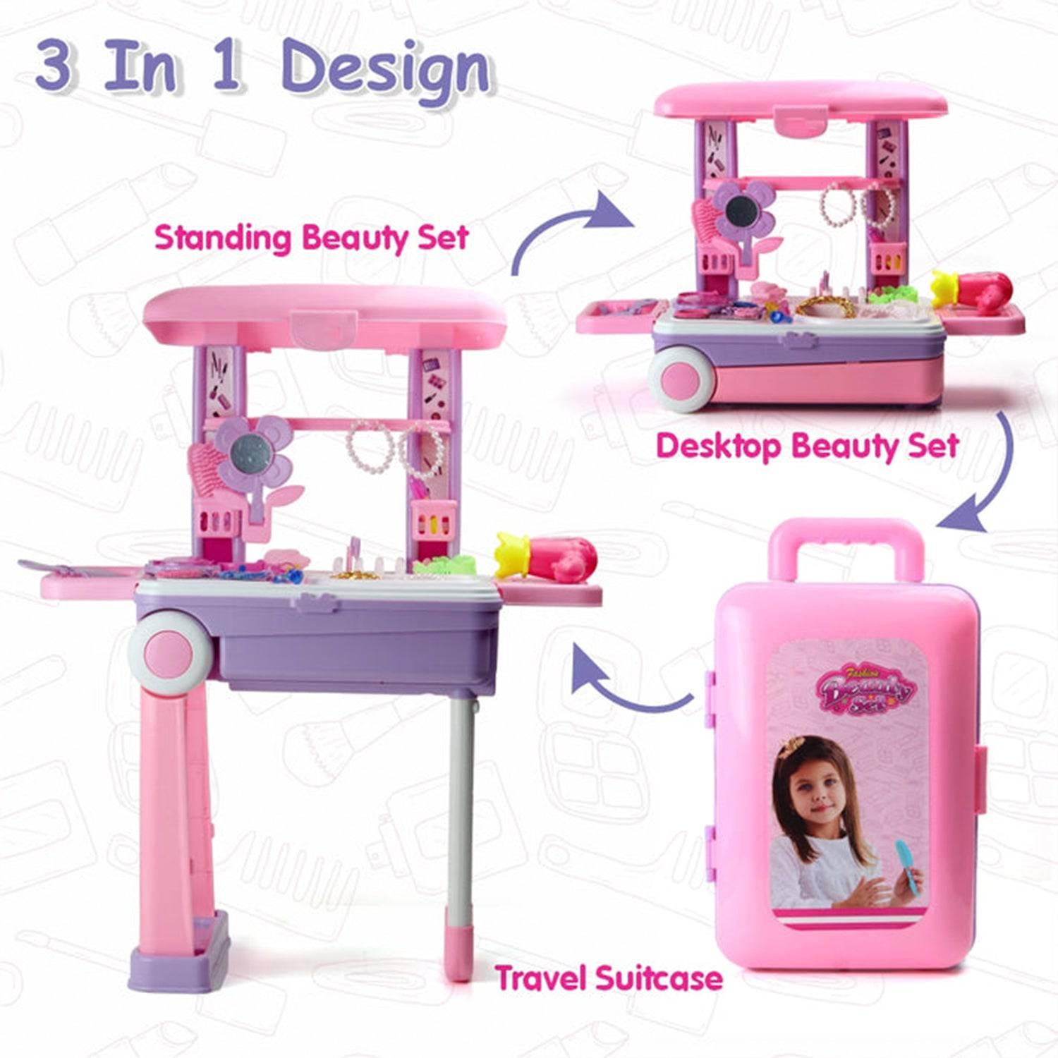 Big Beauty Set Suitcase On Wheel, The Ultimate Beauty Set On Wheels for Girls, Makeup Kit is Easy to Clean & Use, Portable Beauty Set with 25 Pieces for 3 Years BIS Approved. (Beauty Set Trolley) - jugaad.shop