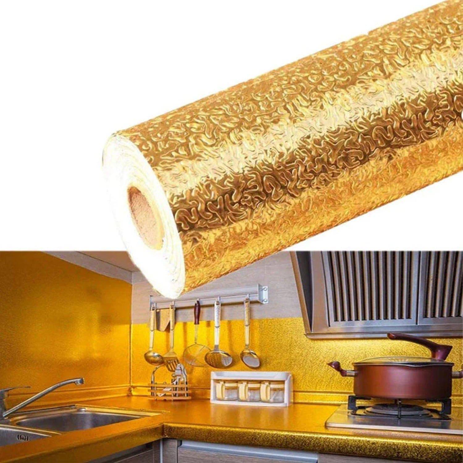 Oil Proof Sticker, Waterproof Self Adhesive Aluminum Foil Wallpaper (60 cm×2m / Golden / 1 Pc) - jugaad.shop