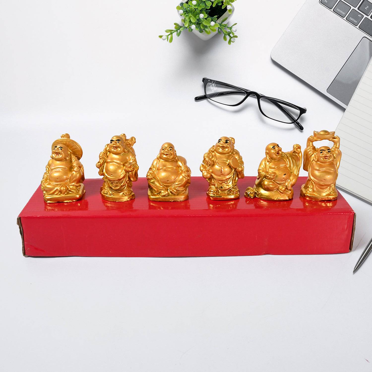 Golden Laughing Buddha Set Of Six Pieces Statue For Happiness, Wealth & Good luck Decor For Wealth and Success (6 Pcs Set) - jugaad.shop