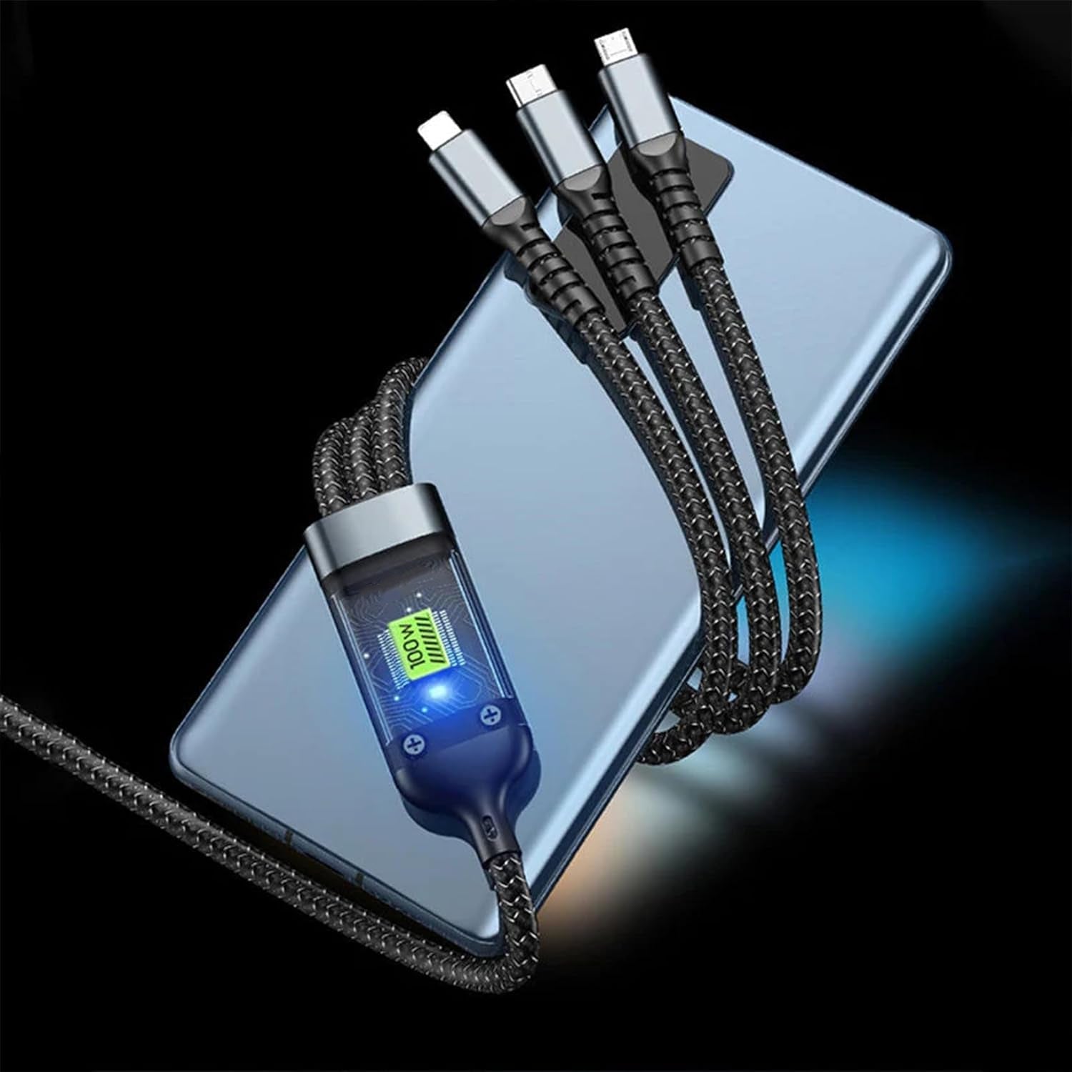 3-in-1 Super Fast Charging Cable 100w, Multifunctional Convenient Super Fast Charging Cable Nylon Braided Cord, 3-in-1 Silicone Zinc Alloy 3 Head Charging Cable - jugaad.shop