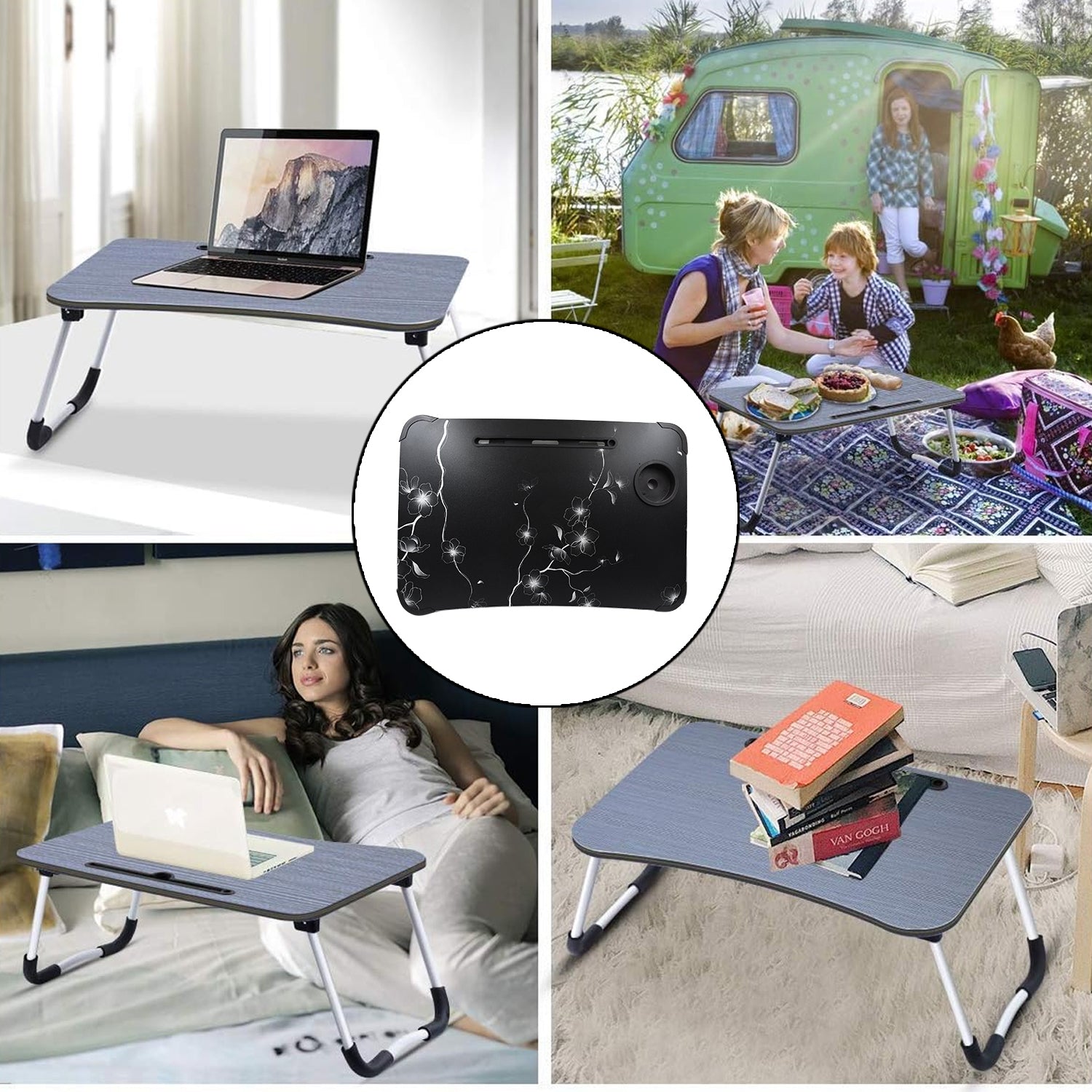 Laptop Table Foldable Portable Notebook Bed Lap Desk Tray Stand Reading Holder with Coffee Cup Slot for Breakfast, Reading & Movie Watching. - jugaad.shop