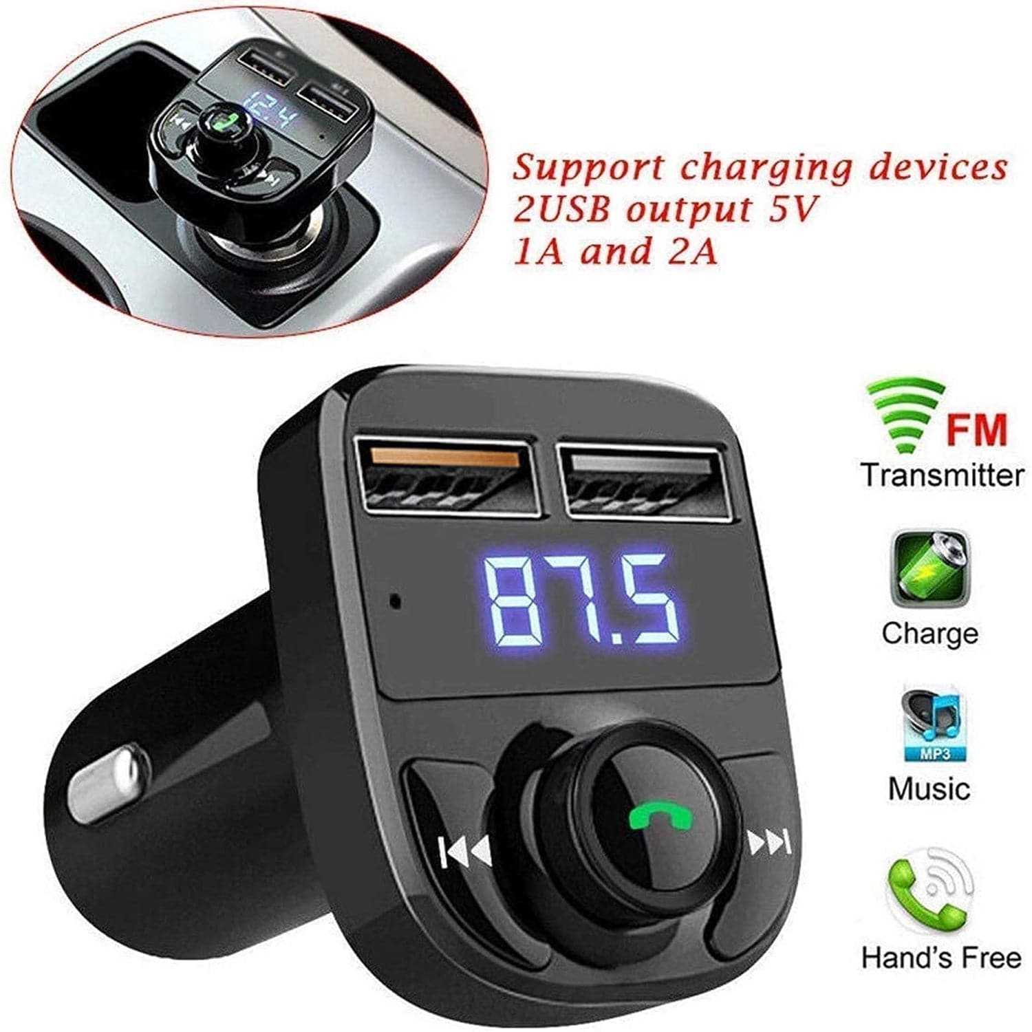 CAR-X8 Bluetooth FM Transmitter Kit for Hands-Free Call Receiver / Music Player / Call Receiver / Fast Mobile Charger Ports for All Smartphones with 3.1A Quick Charge Dual USB Car Charger - jugaad.shop