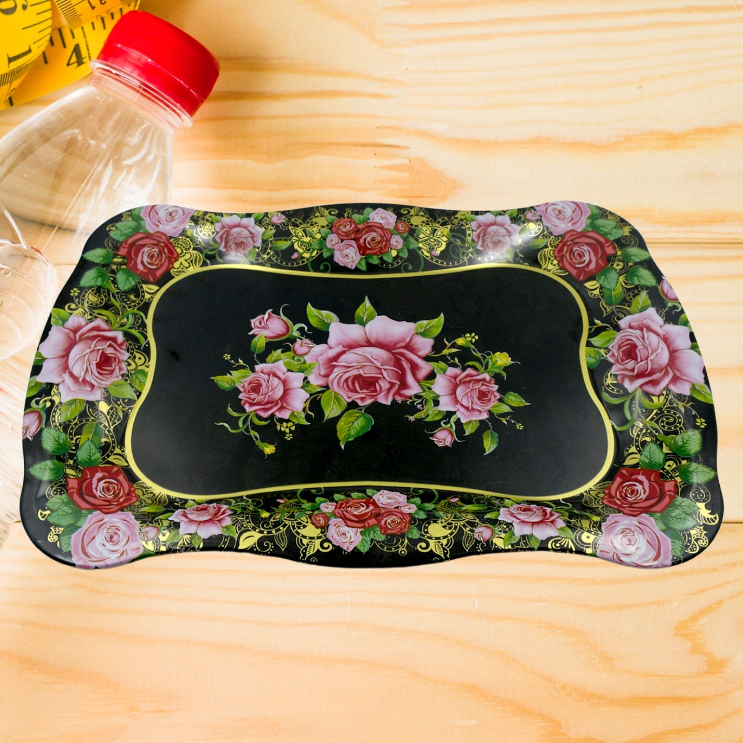 Stainless Steel Serving Tray With Flower Printed Rectangle Premium Dining Table Plate (18 x 8.5 Inch / 1 Pc) - jugaad.shop