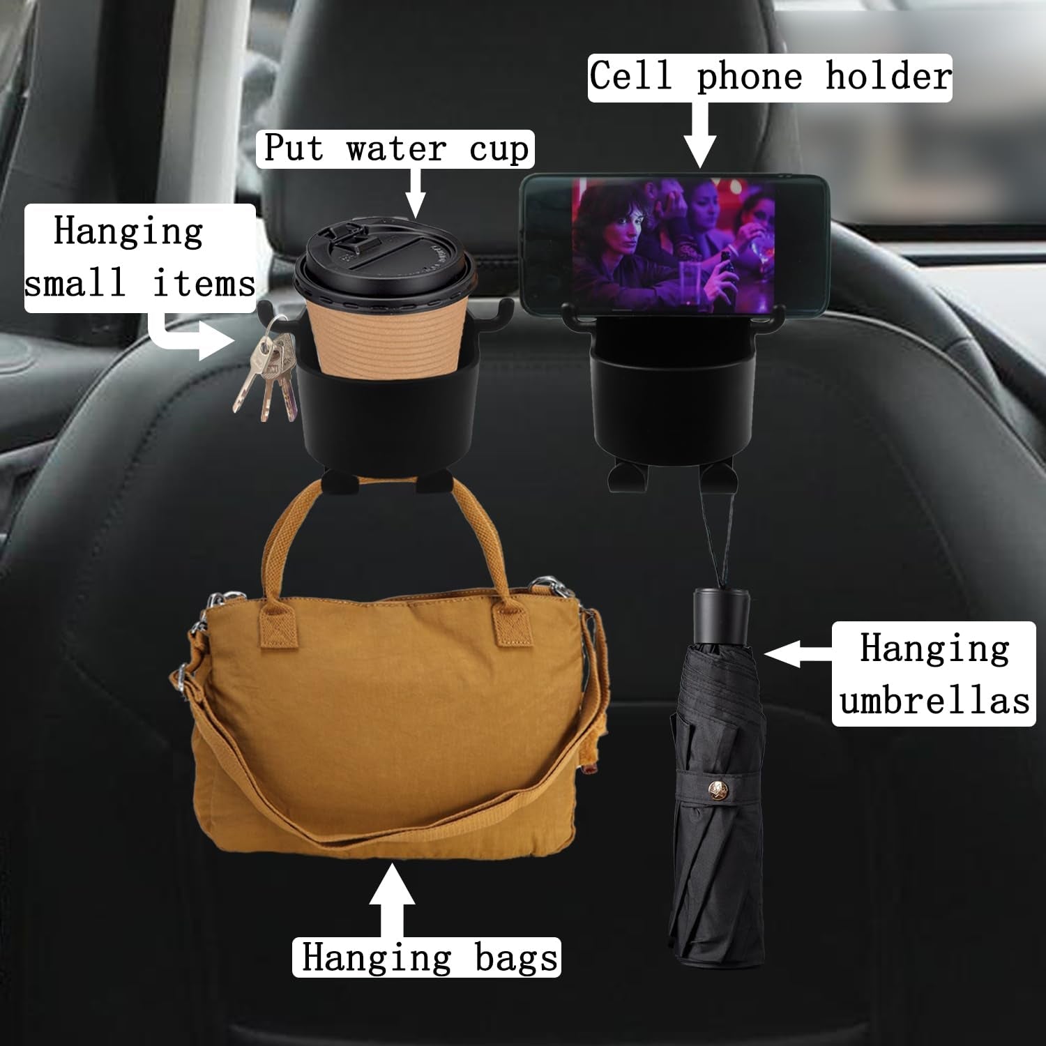 Car Headrest Backseat Organizer, 3 in 1 Automotive Cell Phone Drink cupholder Adapter with Headrest Hooks for Kids and Adults, Multifunctional Storage for Car Travel Accessories - jugaad.shop