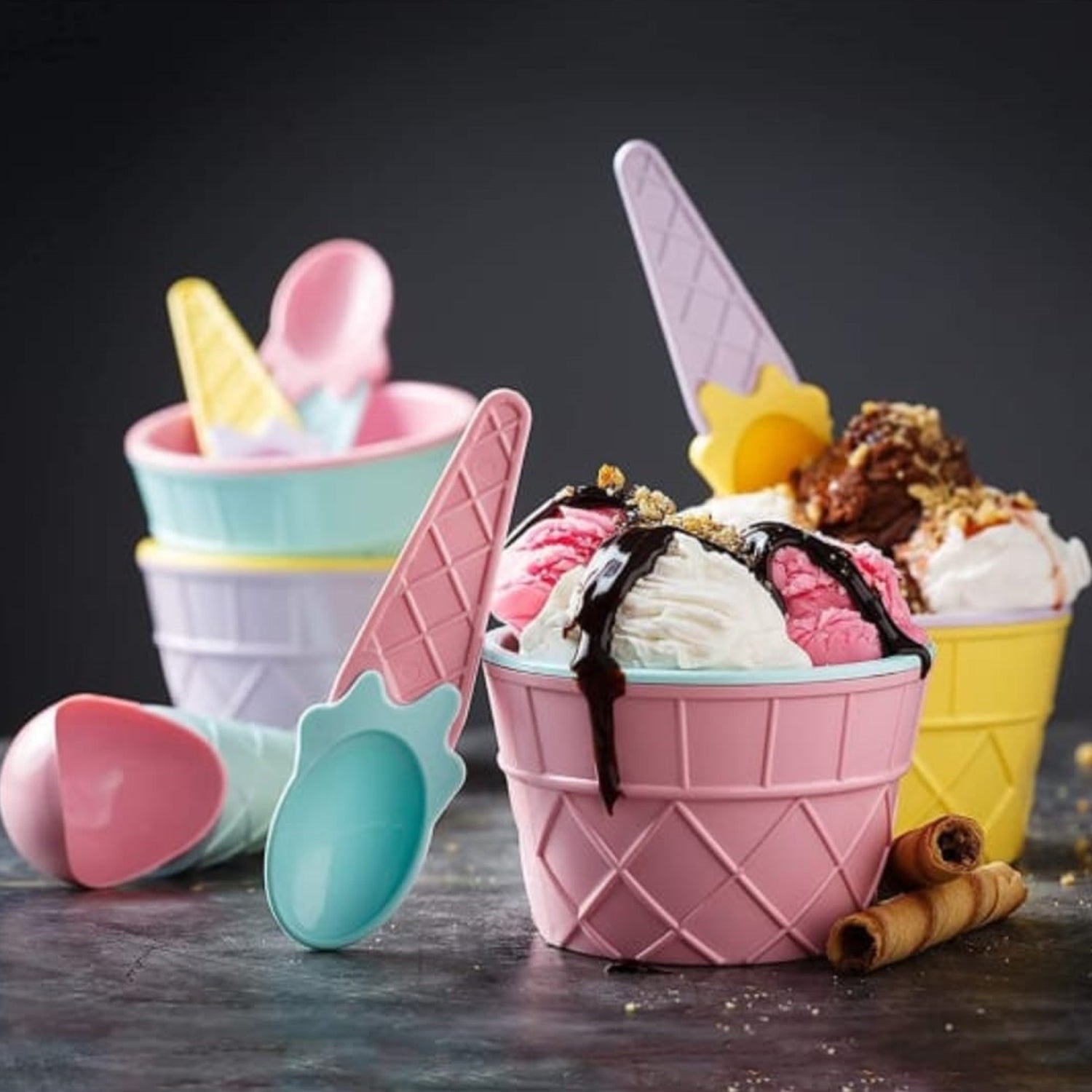 Ice-Cream Waffle Spoon Bowel Cup Set | Premium ice Cream Set | Ice-Cream Bowel with Spoon | 6 units Couple Bowl Set | Color Box - jugaad.shop