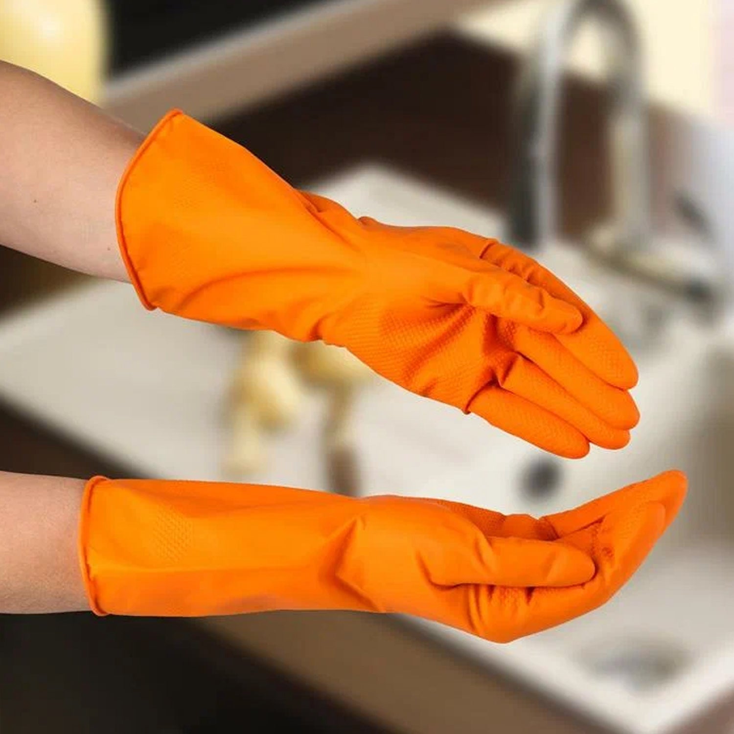 Multipurpose Rubber Reusable Cleaning Gloves, Reusable Rubber Hand Gloves I Latex Safety Gloves I for Washing I Cleaning Kitchen I Gardening I Sanitation I Wet and Dry Use Orange Gloves (1 Pair 40 Gm) - jugaad.shop