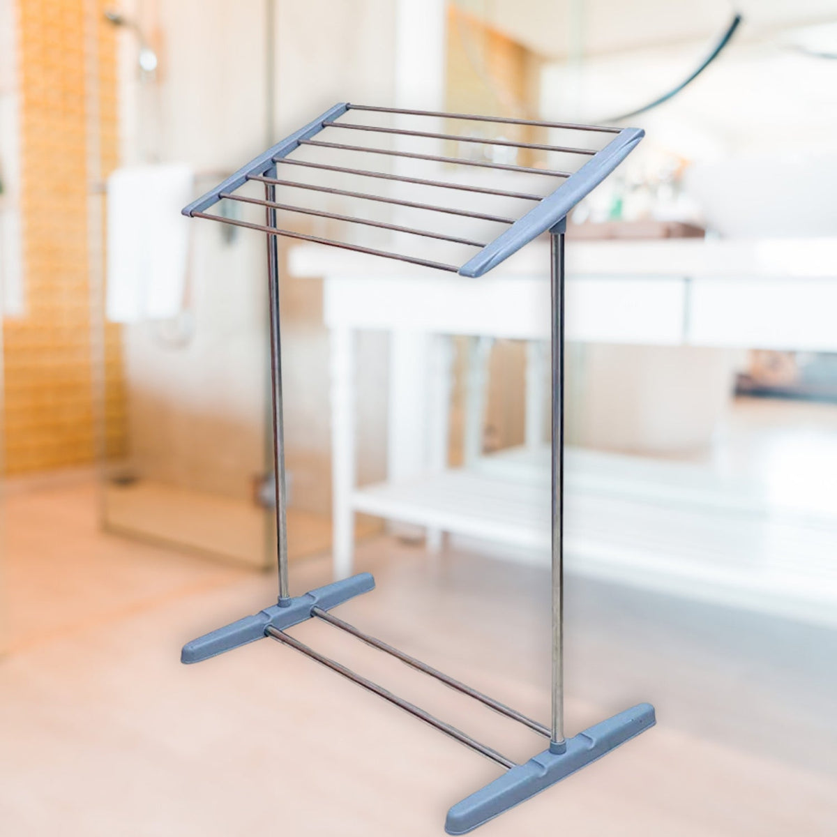 Multi-Functional Single Tier Mobile Towel Foldable Rack for Cloth and Towel / Stainless Steel and Plastic Made Mobile Towel and Cloth Rack Holder Indoor / Outdoor Standing Movable Cloth Dryer Rack, Balcony Cloth Drying Stand - jugaad.shop