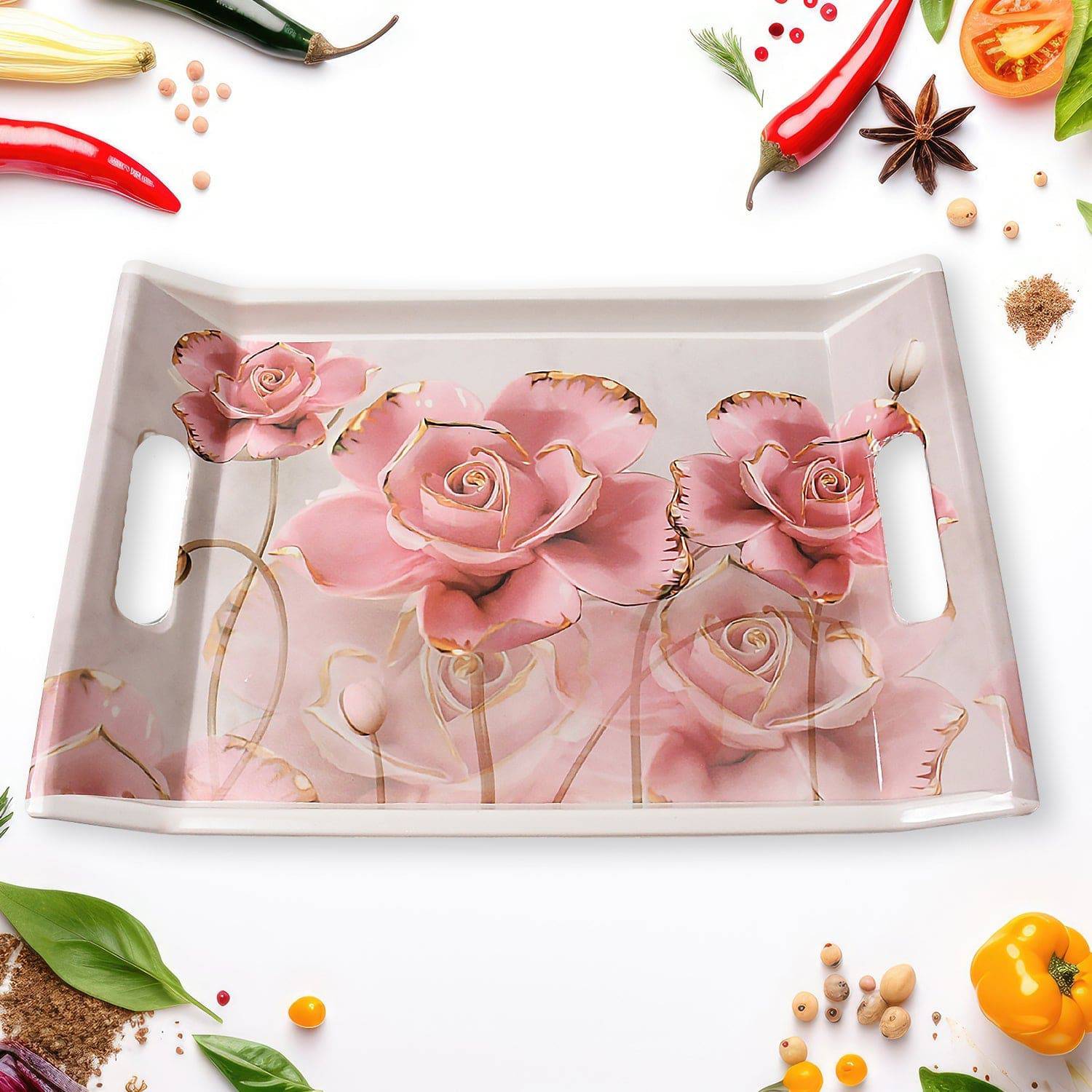 Plastic Rectangular Shape Flower Printed Design Serving Tray 3 pcs Home and Kitchen Use (3 pcs set) - jugaad.shop