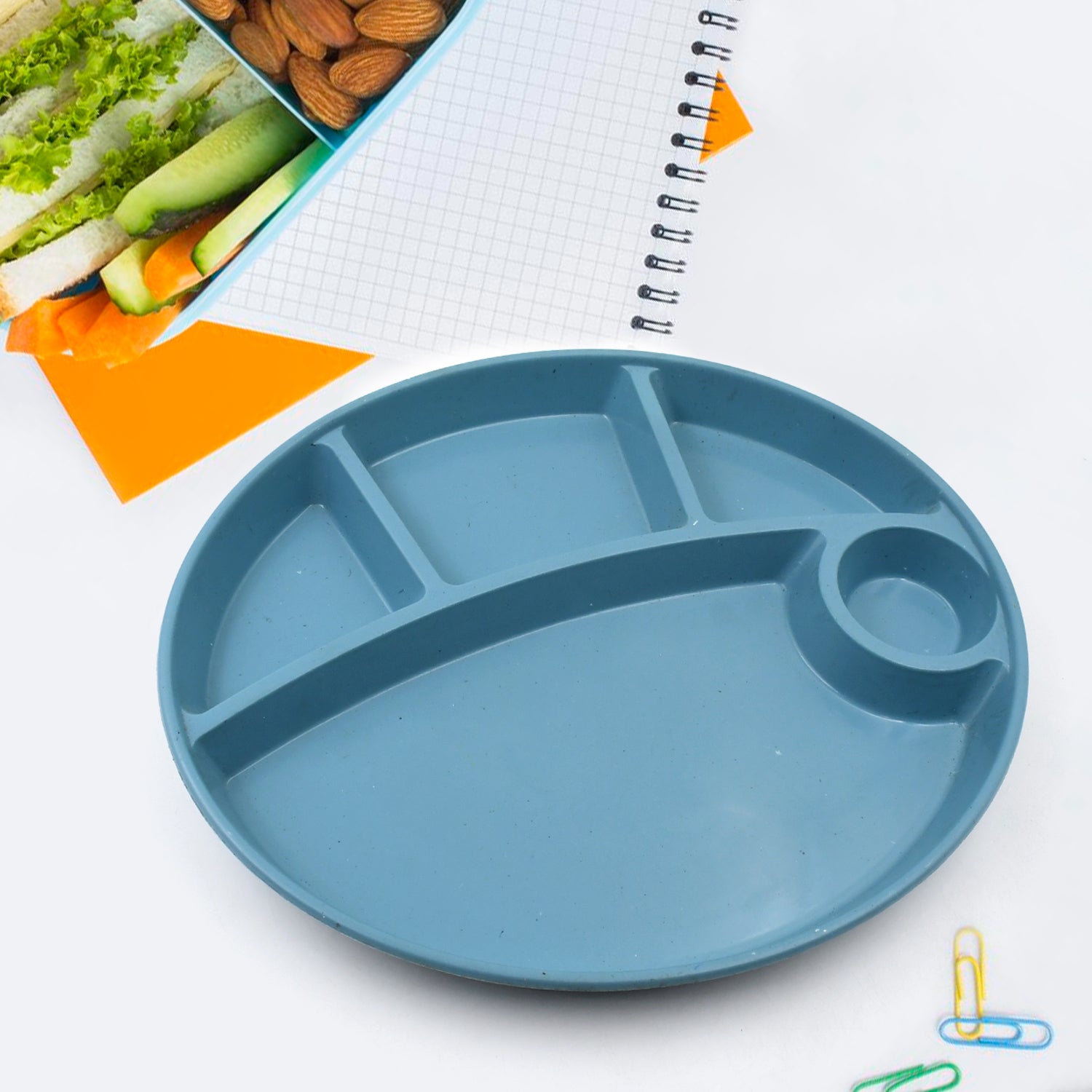 Plastic Food Plates / Biodegradable 5 Compartment Plate With Spoon for Food Snacks / Nuts / Desserts Plates for Kids, Reusable Plates for Outdoor, Camping, BPA-free (1 Pc) - jugaad.shop