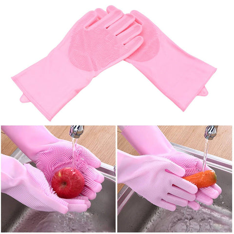 Dishwashing Gloves with Scrubber| Silicone Cleaning Reusable Scrub Gloves for Wash Dish Kitchen| Bathroom| Pet Grooming Wet and Dry Glove (1 Pair, 155Gm) - jugaad.shop