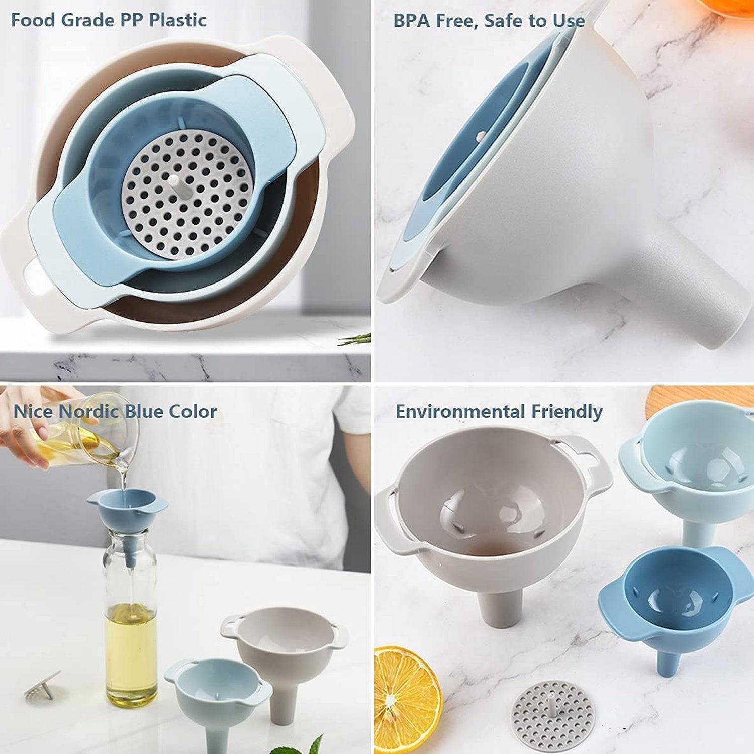 3 in 1 Kitchen Funnel Set of 3, Funnel for Filling Bottle, Small Canning Funnel with Handle, Food Grade Plastic Funnel with Detachable Strainer Filter for Liquid, Dry Ingredients, and Powder - jugaad.shop