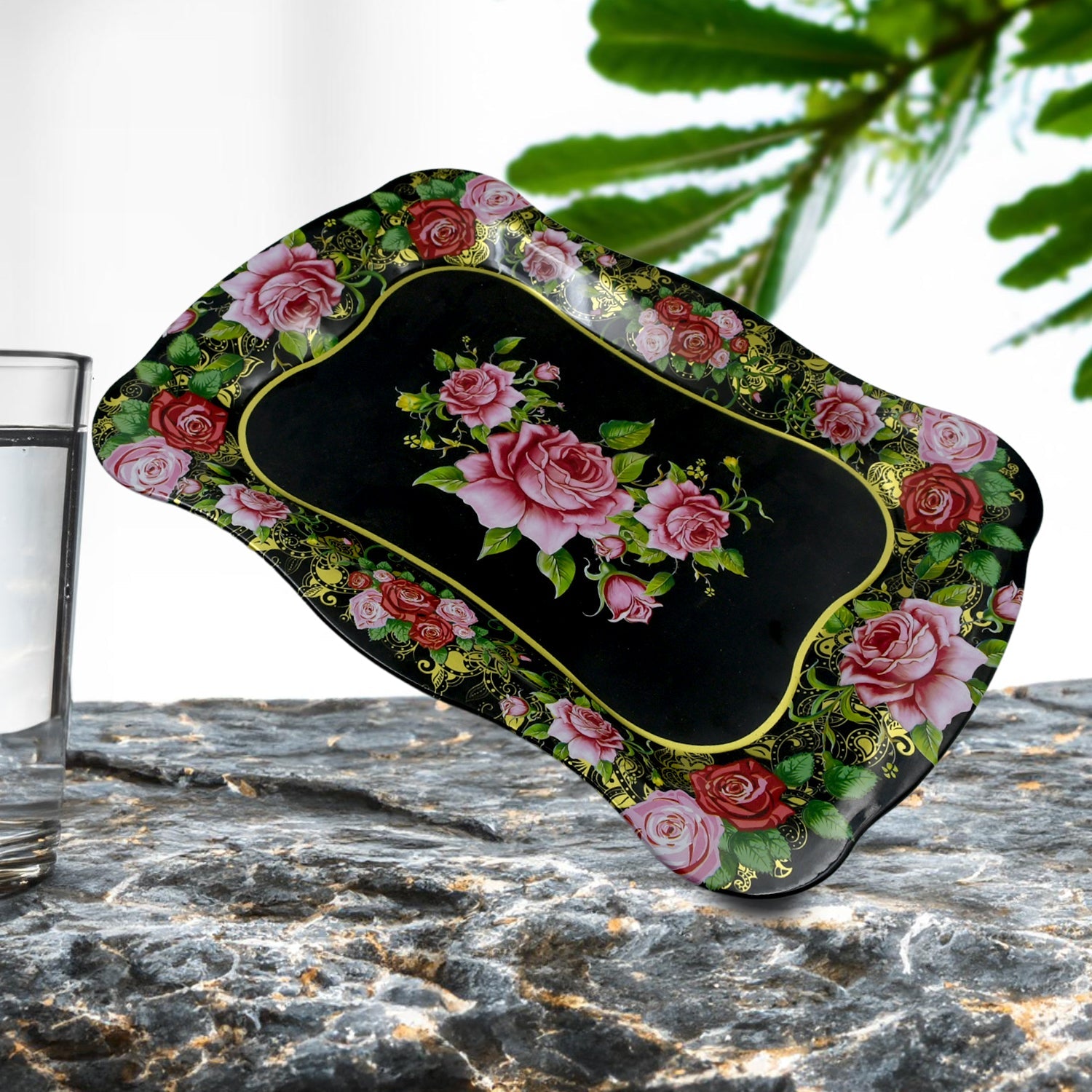 Stainless Steel Serving Tray With Flower Printed Rectangle Premium Dining Table Plate (18 x 8.5 Inch / 1 Pc) - jugaad.shop