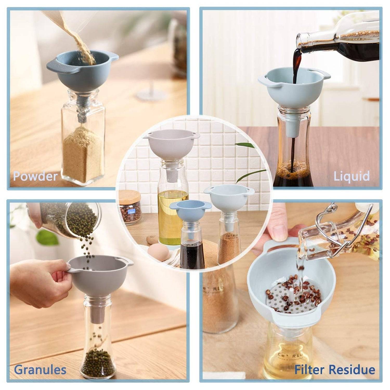 3 in 1 Kitchen Funnel Set of 3, Funnel for Filling Bottle, Small Canning Funnel with Handle, Food Grade Plastic Funnel with Detachable Strainer Filter for Liquid, Dry Ingredients, and Powder - jugaad.shop