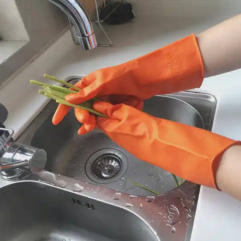 Multipurpose Rubber Reusable Cleaning Gloves, Reusable Rubber Hand Gloves I Latex Safety Gloves I for Washing I Cleaning Kitchen I Gardening I Sanitation I Wet and Dry Use Orange Gloves (1 Pair 40 Gm) - jugaad.shop