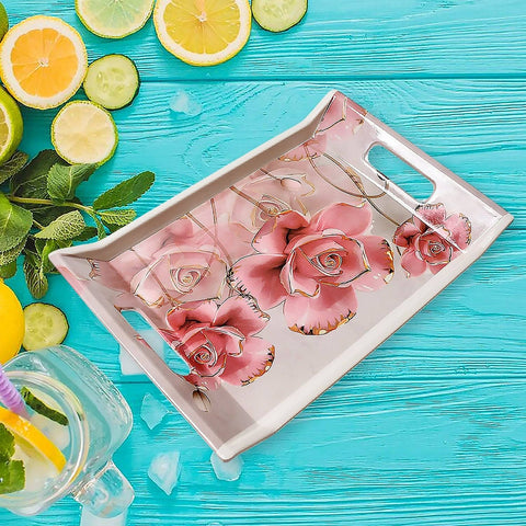 Plastic Rectangular Shape Flower Printed Design Serving Tray 3 pcs Home and Kitchen Use (3 pcs set) - jugaad.shop