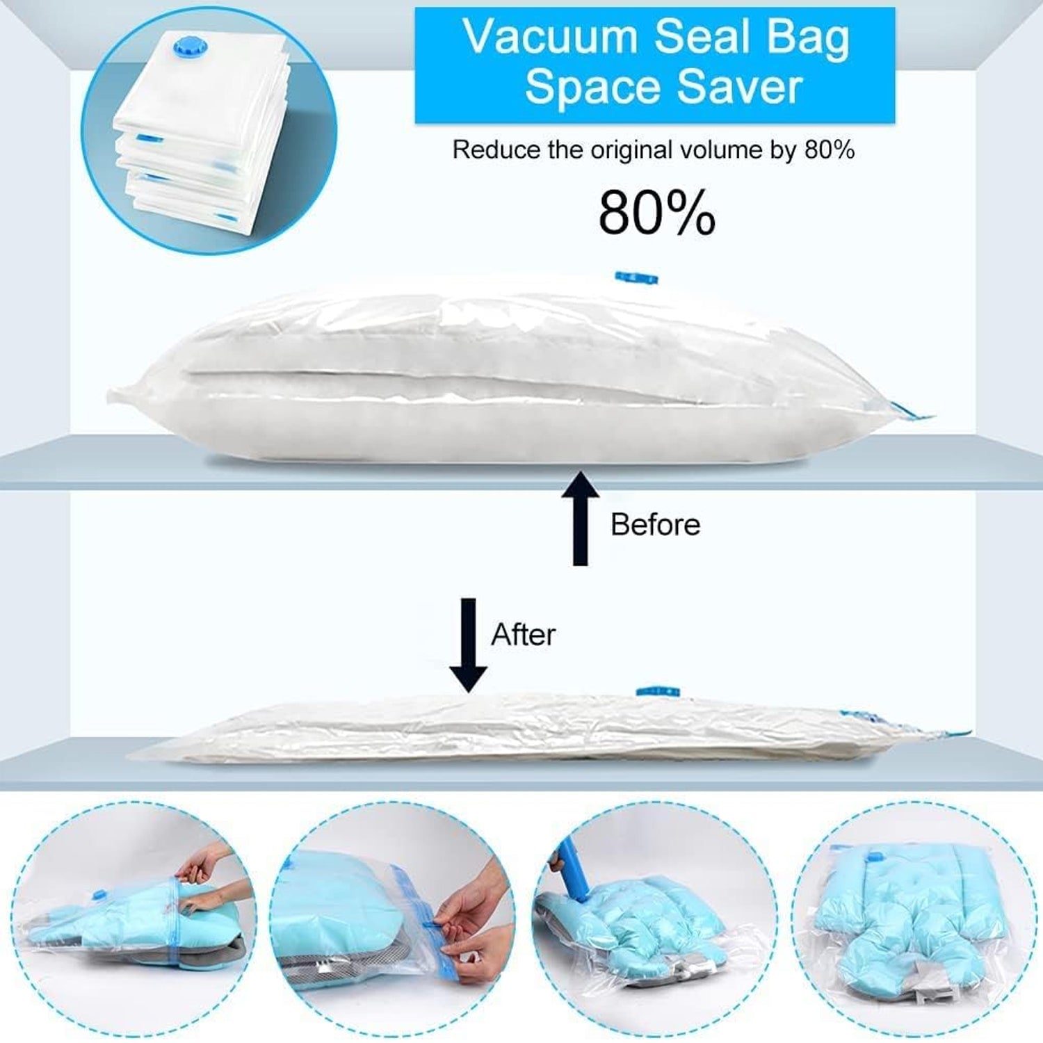 Vacuum Storage Bags with Suction Pump & Shirt clips - Vacuum Bags - Big Capacity Vacuum Seal Bags for Travel Clothes Blankets Pillows, Compression Bags | Space Saver Vacuum Storage Bags (5 Pcs Set) - jugaad.shop